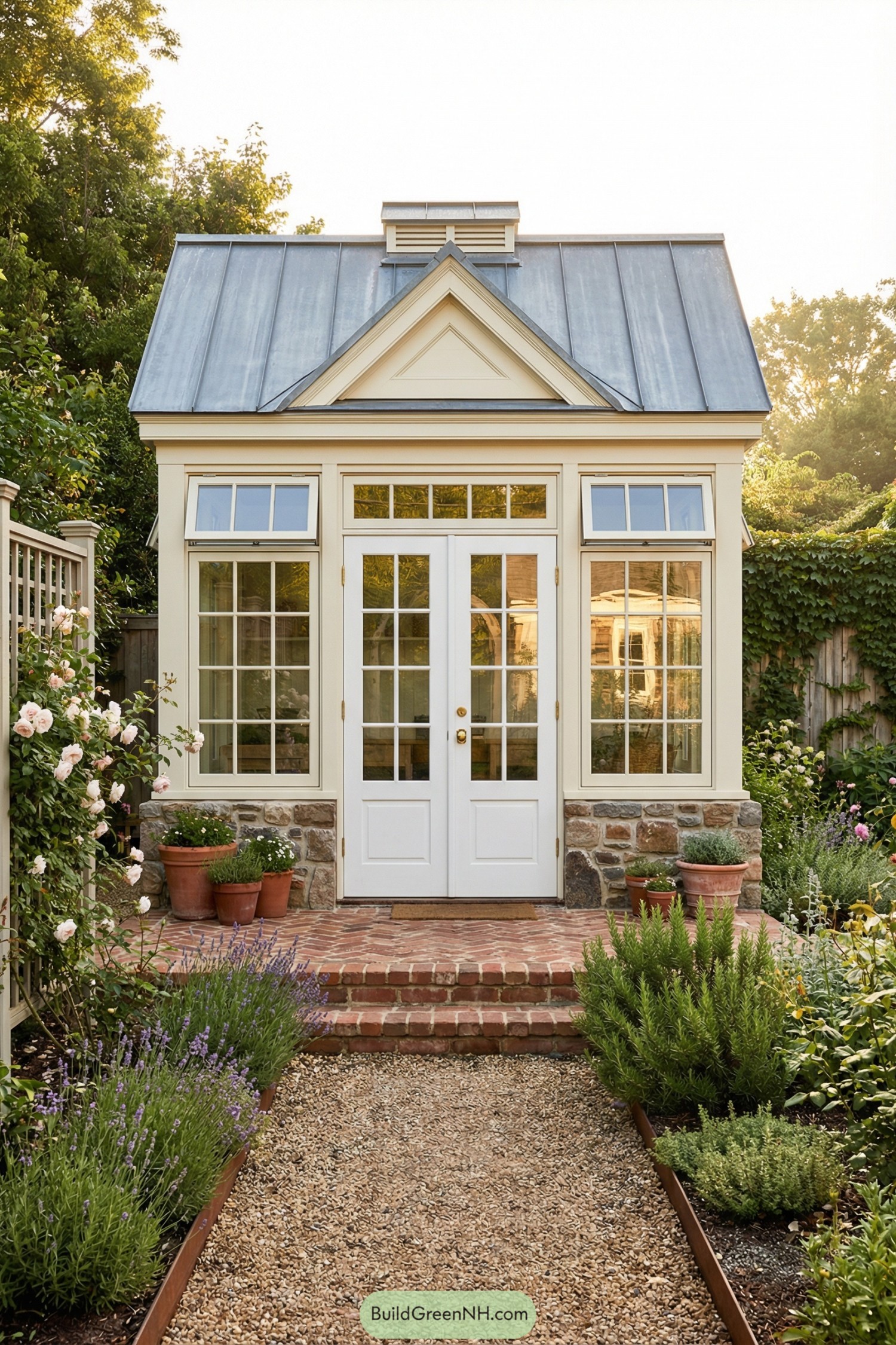 Cream framed glass garden house with metal roof and brick path surrounded by lush planting