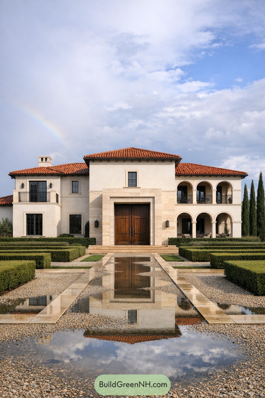 Mediterranean-style villa with formal hedges and a long reflecting water feature leading to a grand entry