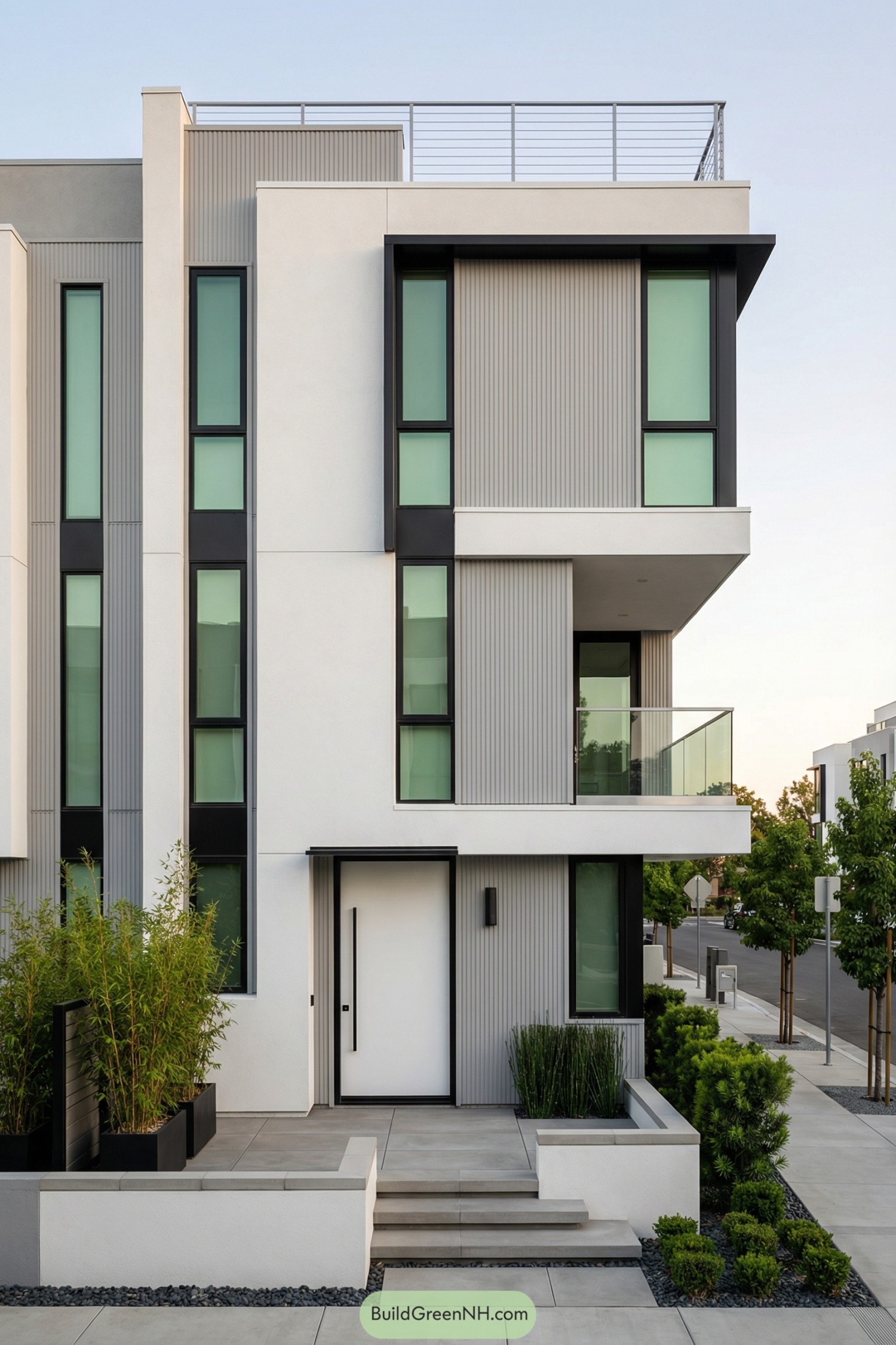 Modern three story townhouse with tall narrow windows and a small front garden