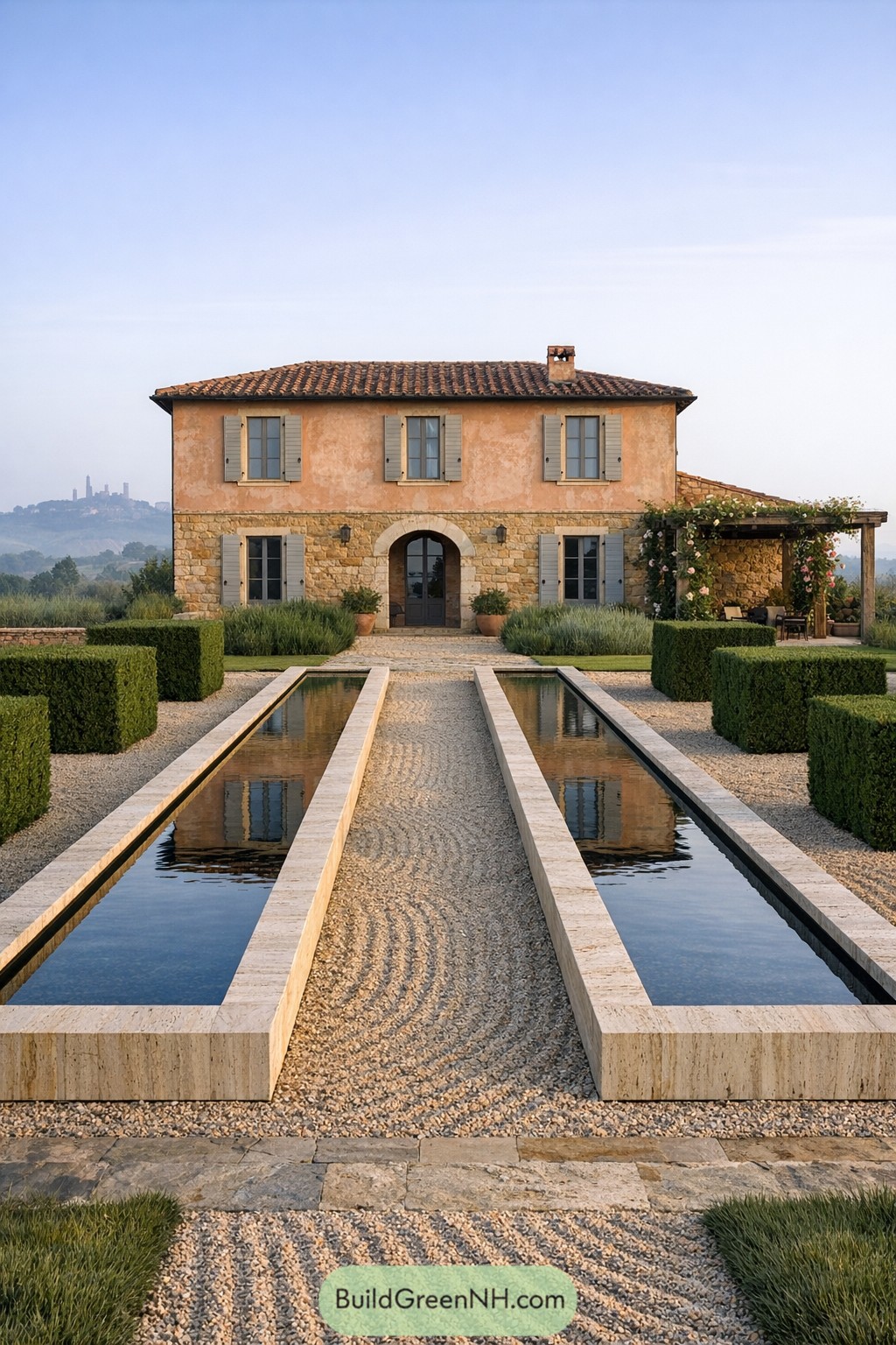 Tuscan stone farmhouse with twin reflecting pools