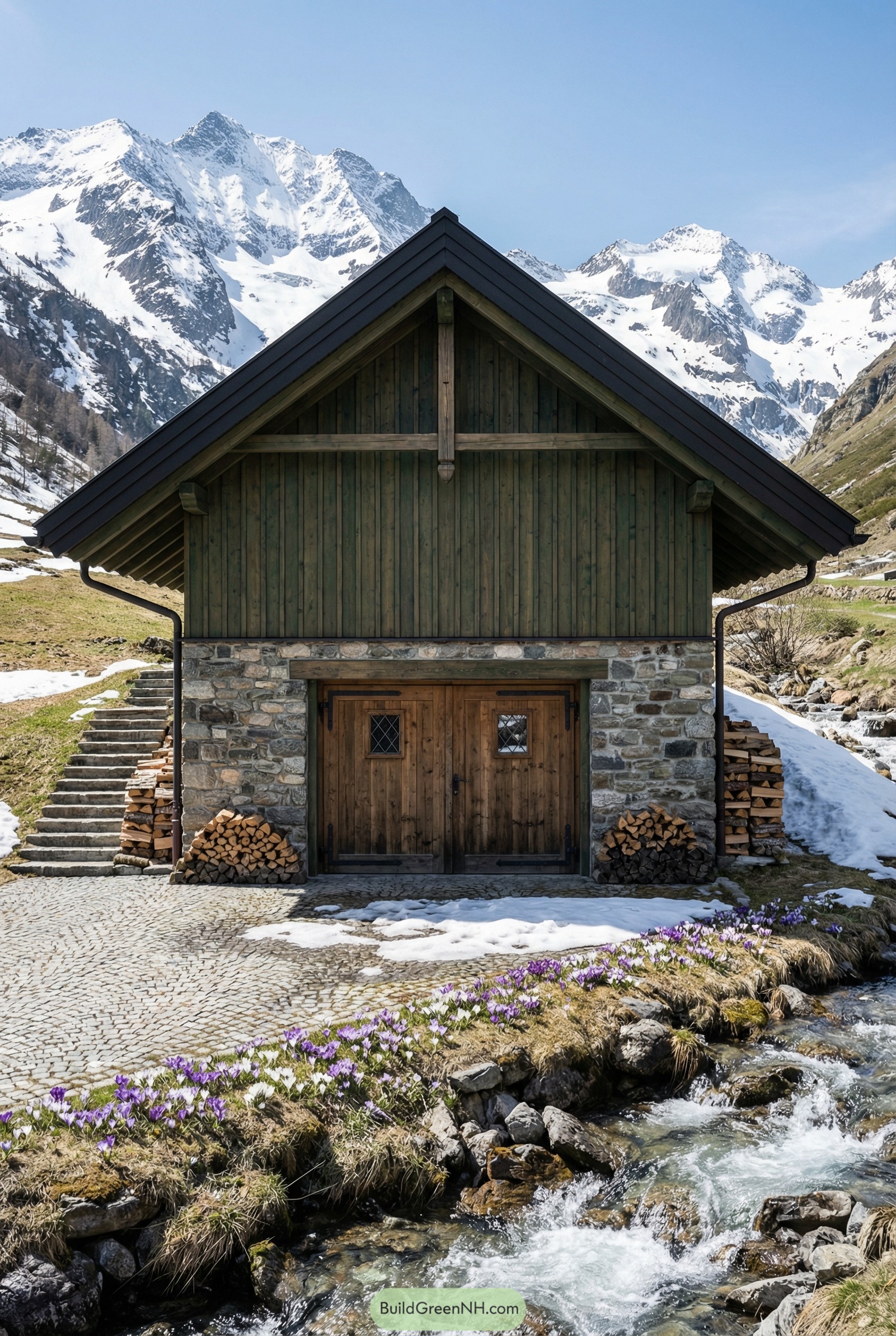 Rustic stone and wood barn garage in snowy alpine valley beside stream