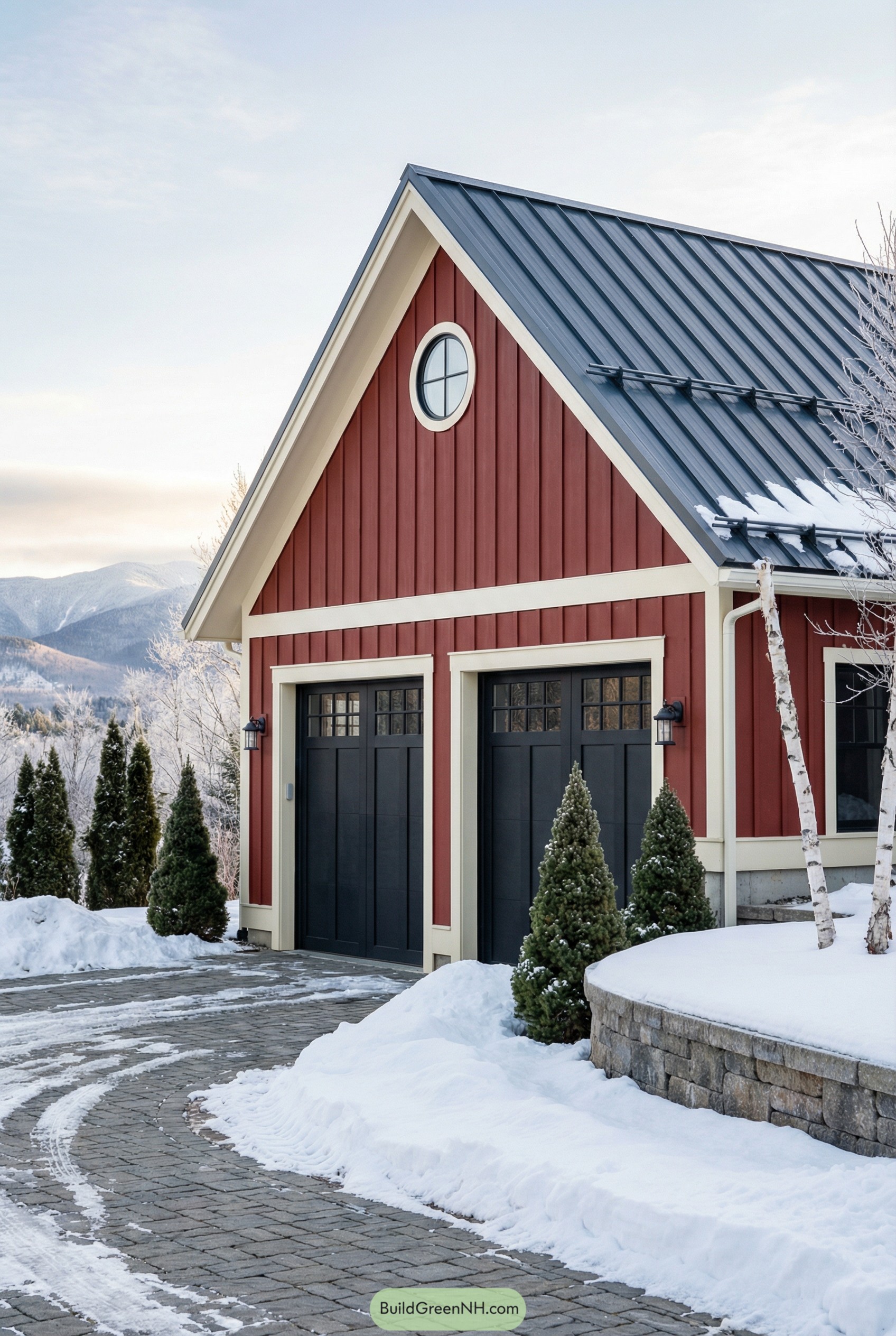 Red barn-style two-car garage in winter