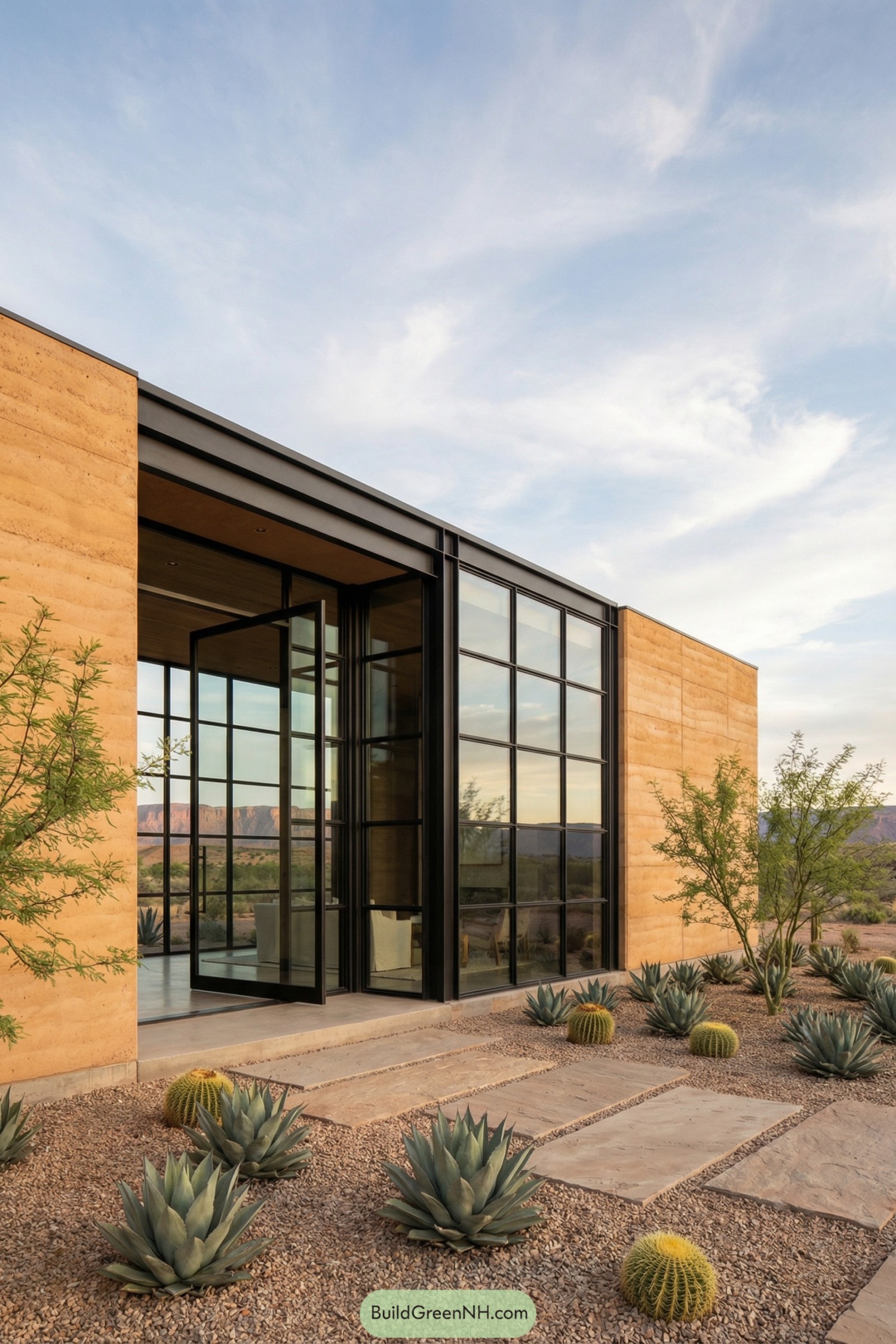 Modern glass garden house with rammed earth walls and desert plants