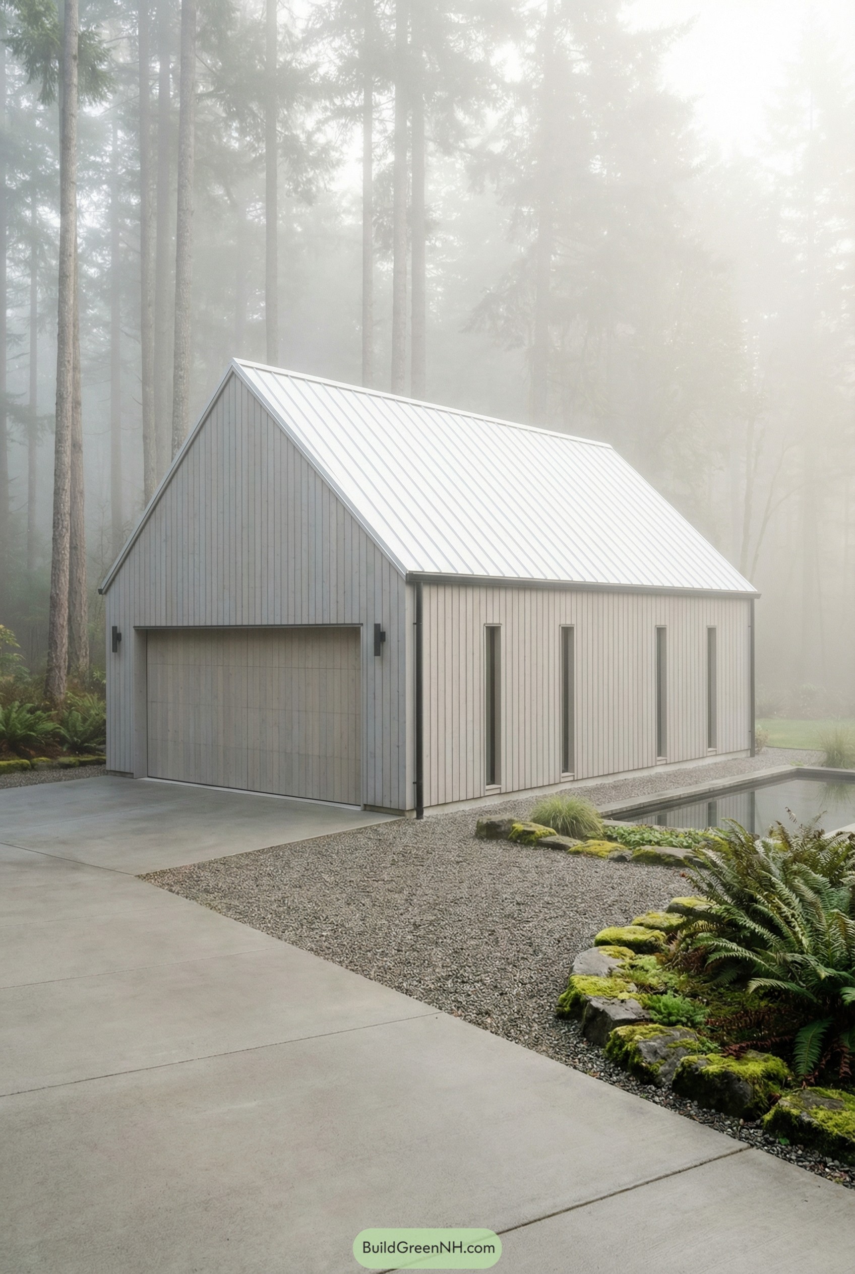 Light gray barn style garage with metal roof beside gravel drive and reflecting pool in misty forest setting