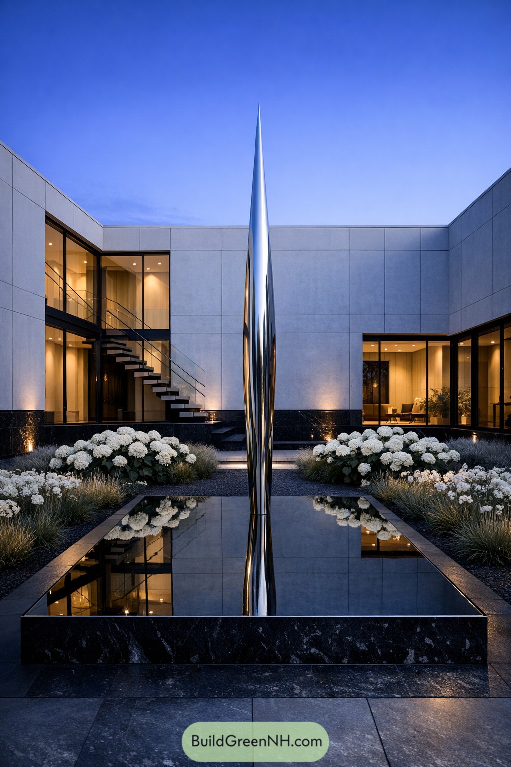 Modern courtyard with tall silver sculpture centered in a reflective pool surrounded by white flowers and grasses