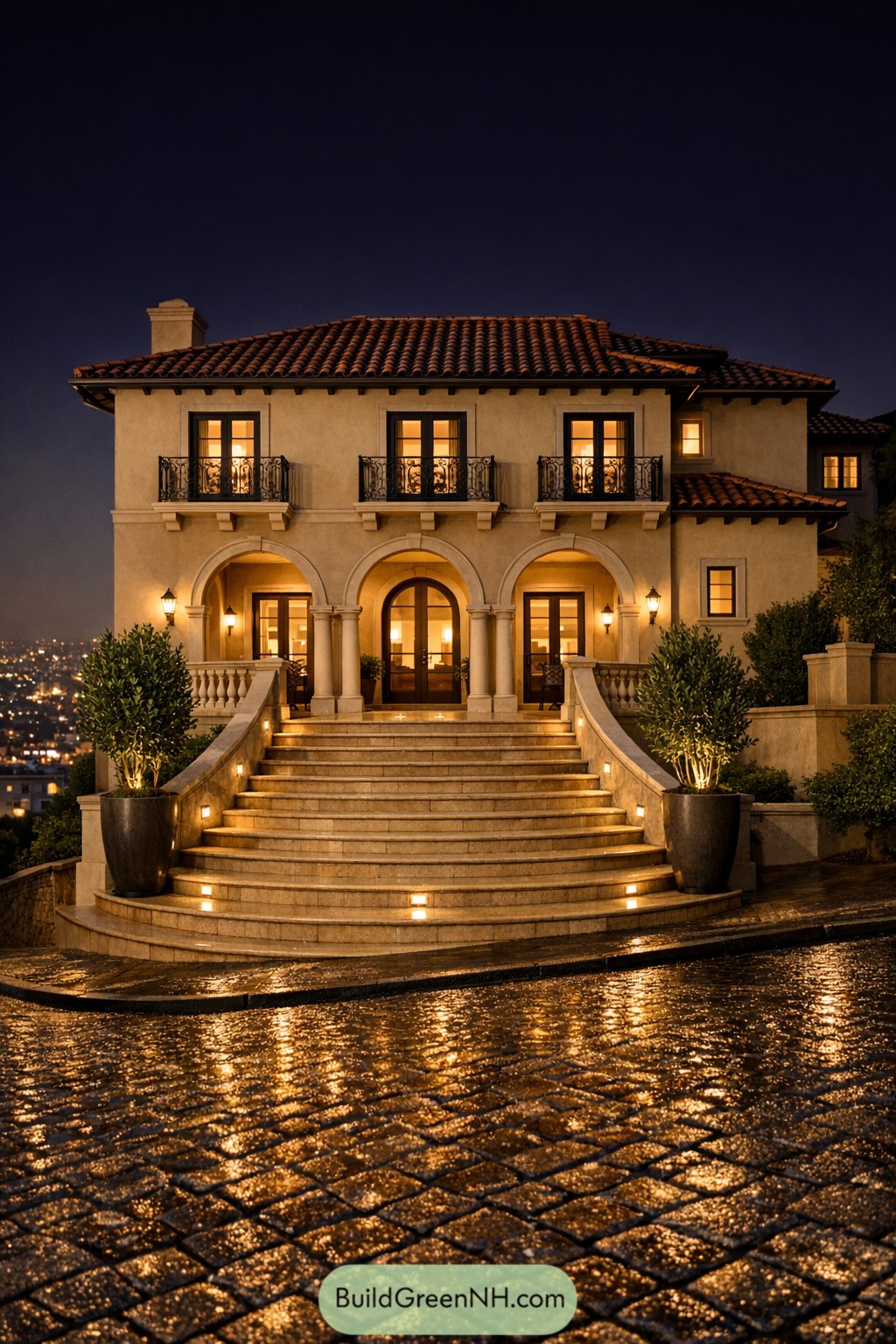A full-frame architectural photo of a grand Mediterranean residence in an urban hill neighborhood at night: warm beige stucco, a formal symmetrical front with three arches forming a loggia, ornate wrought-iron Juliet balconies, and a red clay tile roofline stepping with the slope; the approach is a sweeping staircase of limestone with inset lights and tall planters of bay laurel, while street cobbles glisten from recent drizzle; distant city lights form bokeh behind the fully shown building, maintaining a clean, editorial composition, single real-life photo, high-resolution, full-frame, 28mm, f/8, ISO 100, ultra high detail, editorial architecture photography, cinematic composition, no people, no animals, no text, soft lighting, strictly no collages.