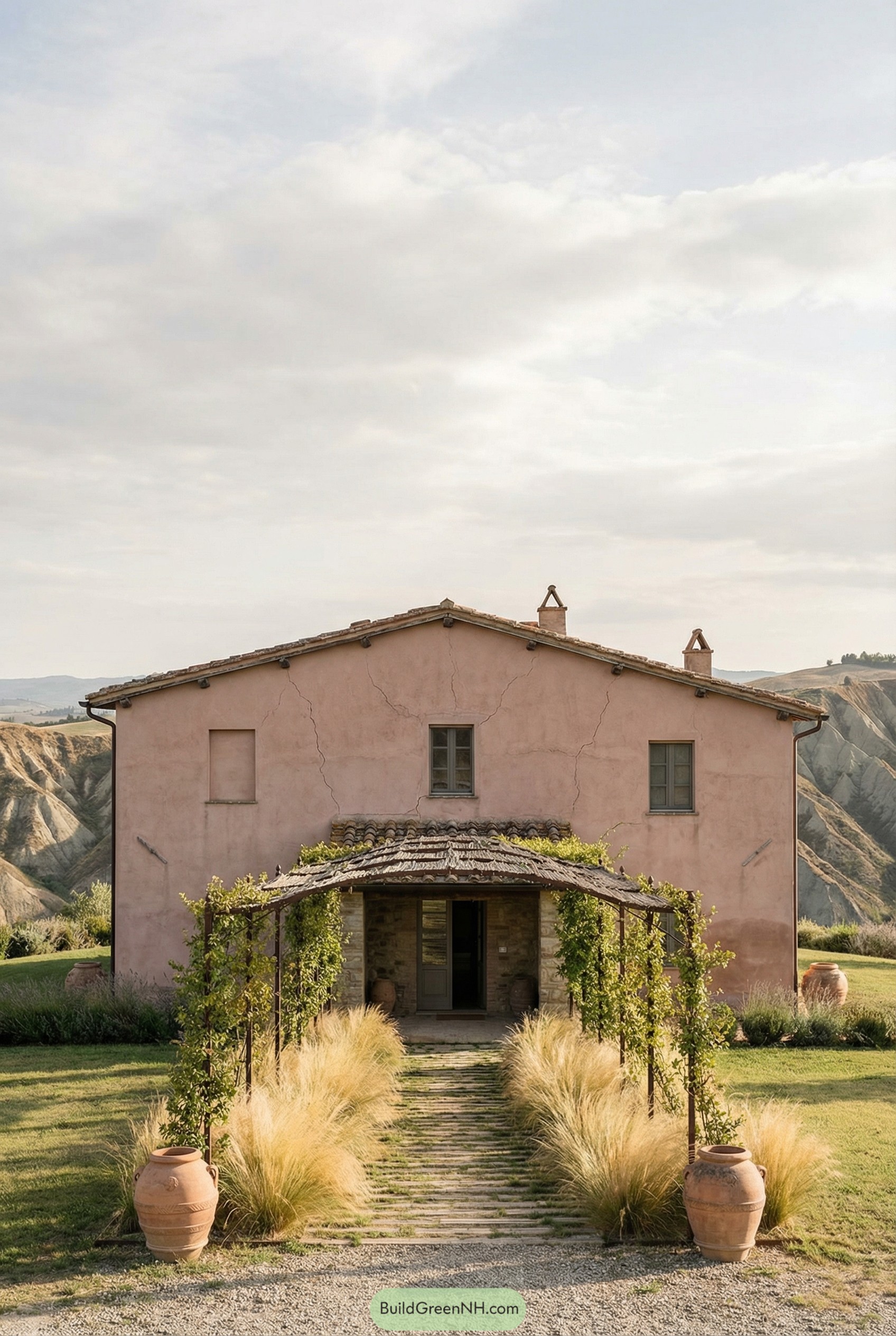 Rustic pink Italian farmhouse with vine-covered pergola entry path framed by tall grasses and terracotta pots in a hilly landscape