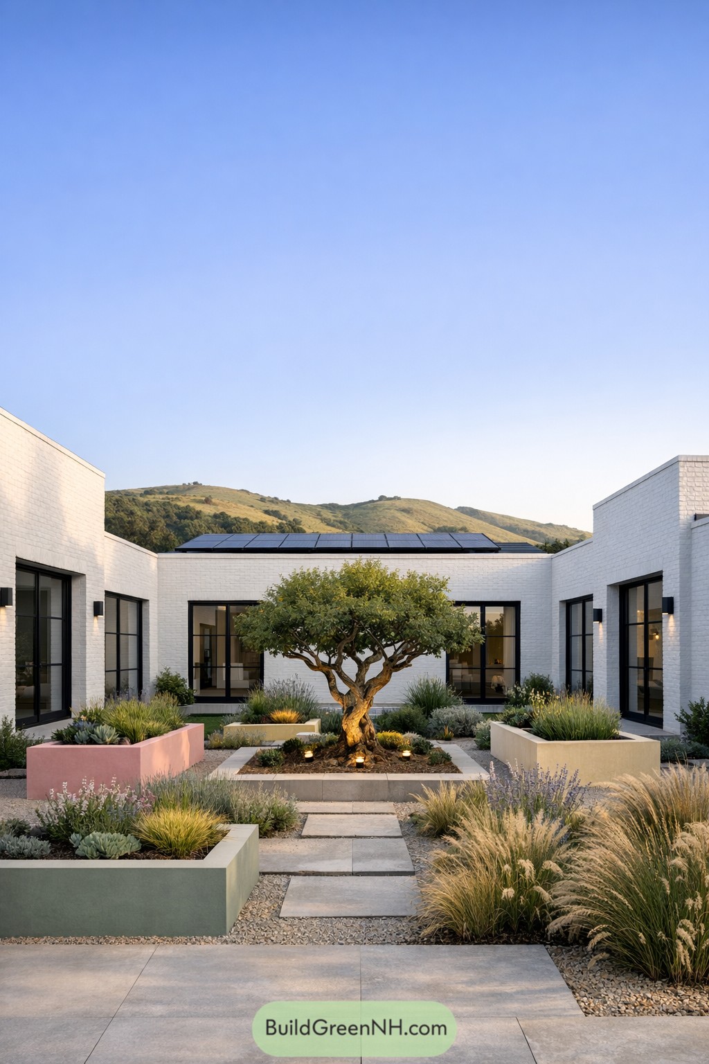 Modern courtyard with central tree, pastel raised planters and a white brick home around it