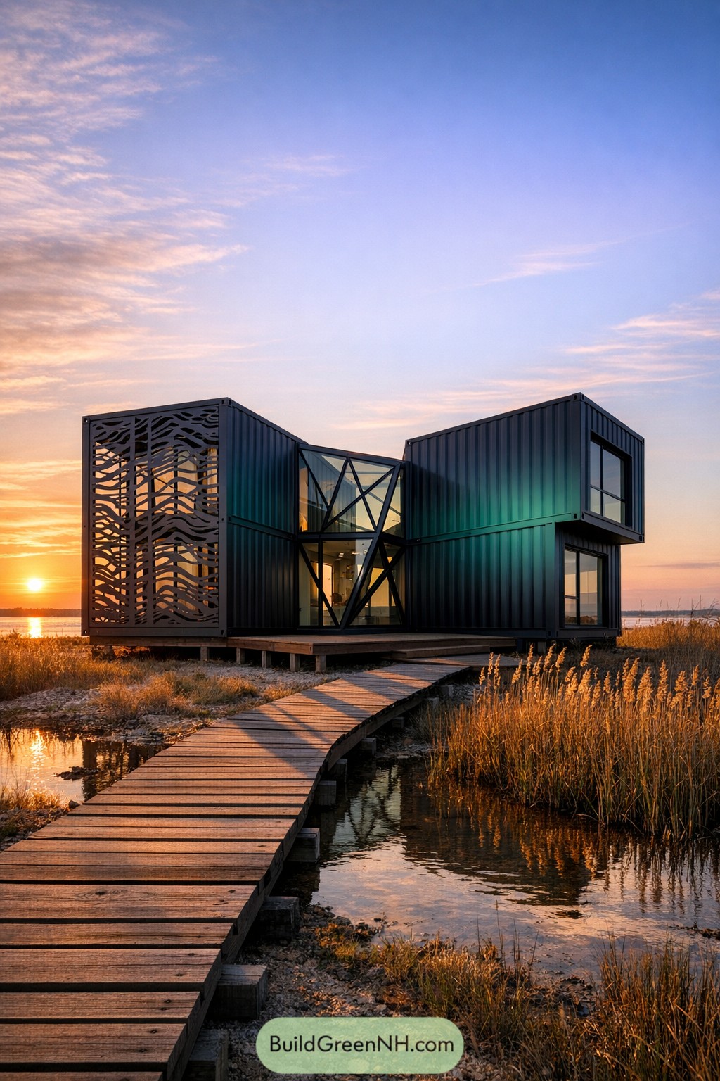 Modern black container house with glazed central atrium and boardwalk over marsh at sunset