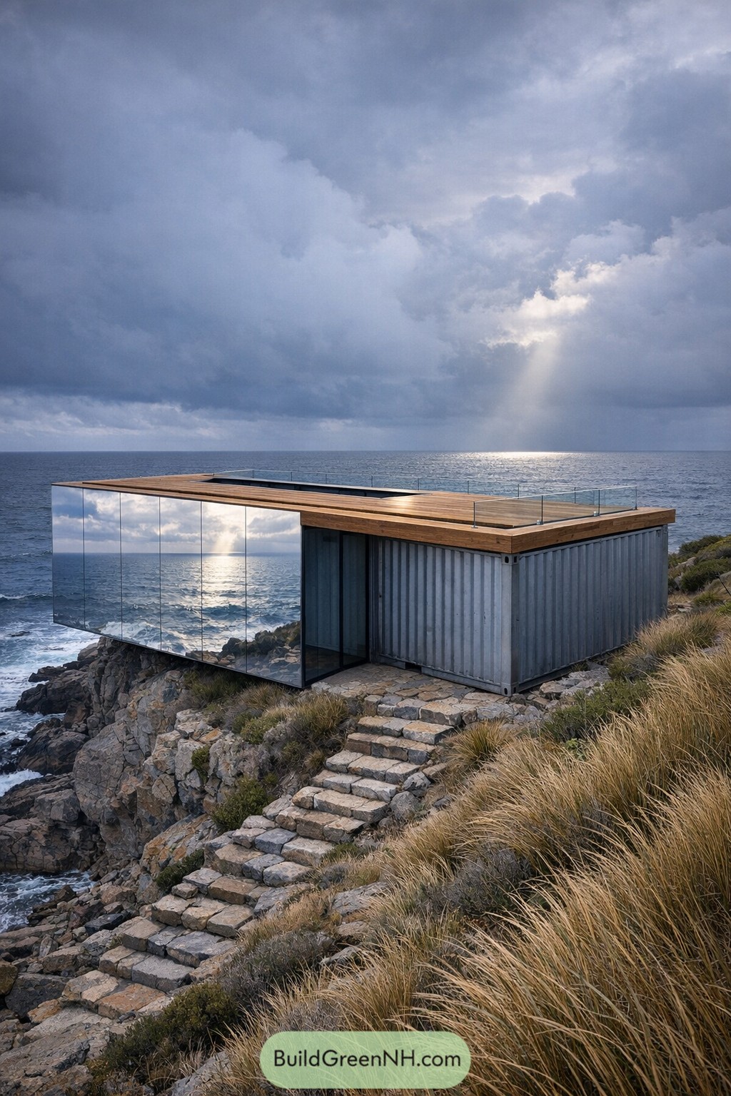 Modern container house perched over rocky ocean shore with mirrored glass and timber roof