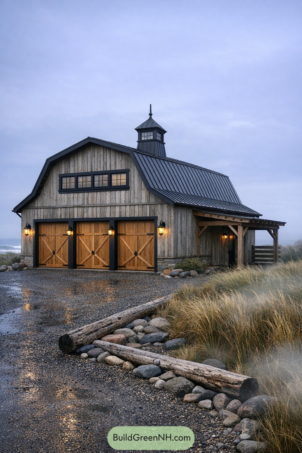 Rustic three bay barn style garage with metal roof