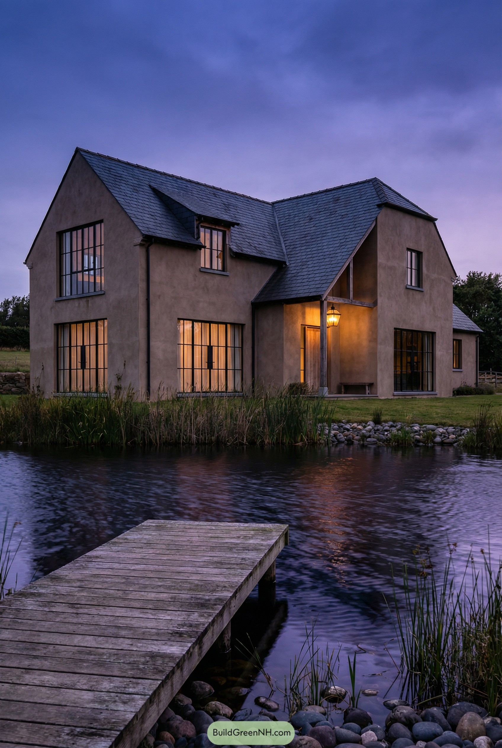 Modern country house beside a small lake at dusk with large windows glowing and a wooden dock in the foreground