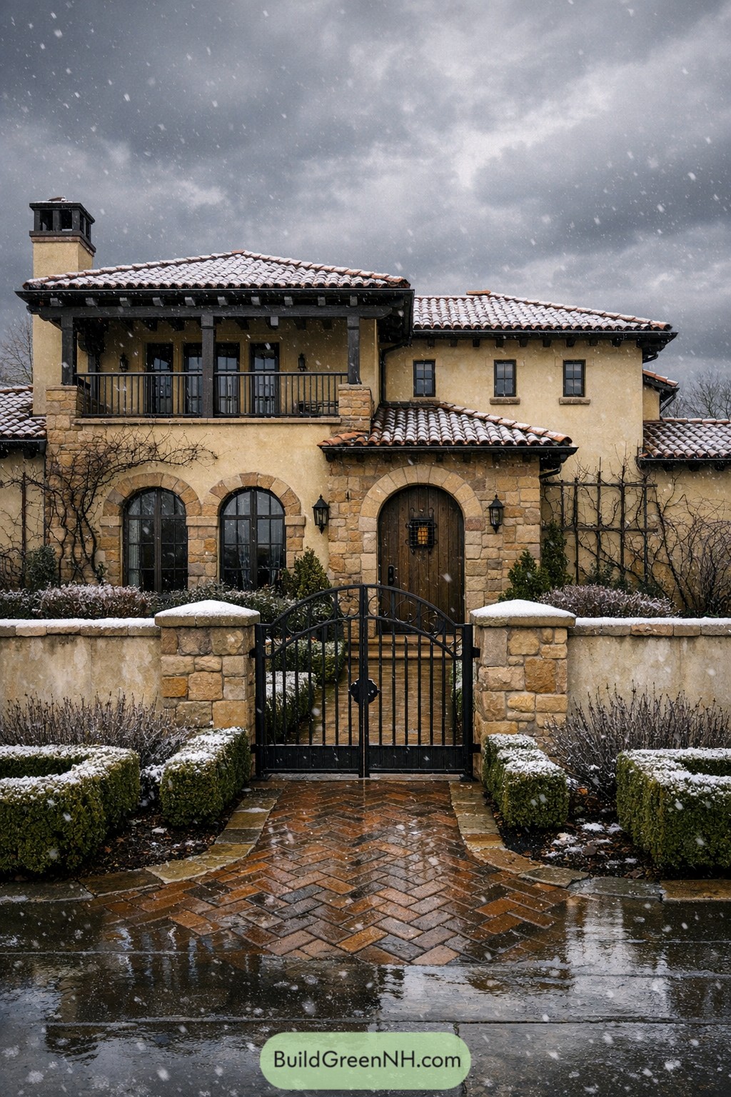 Tuscan style house with snowy roof and gated stone courtyard