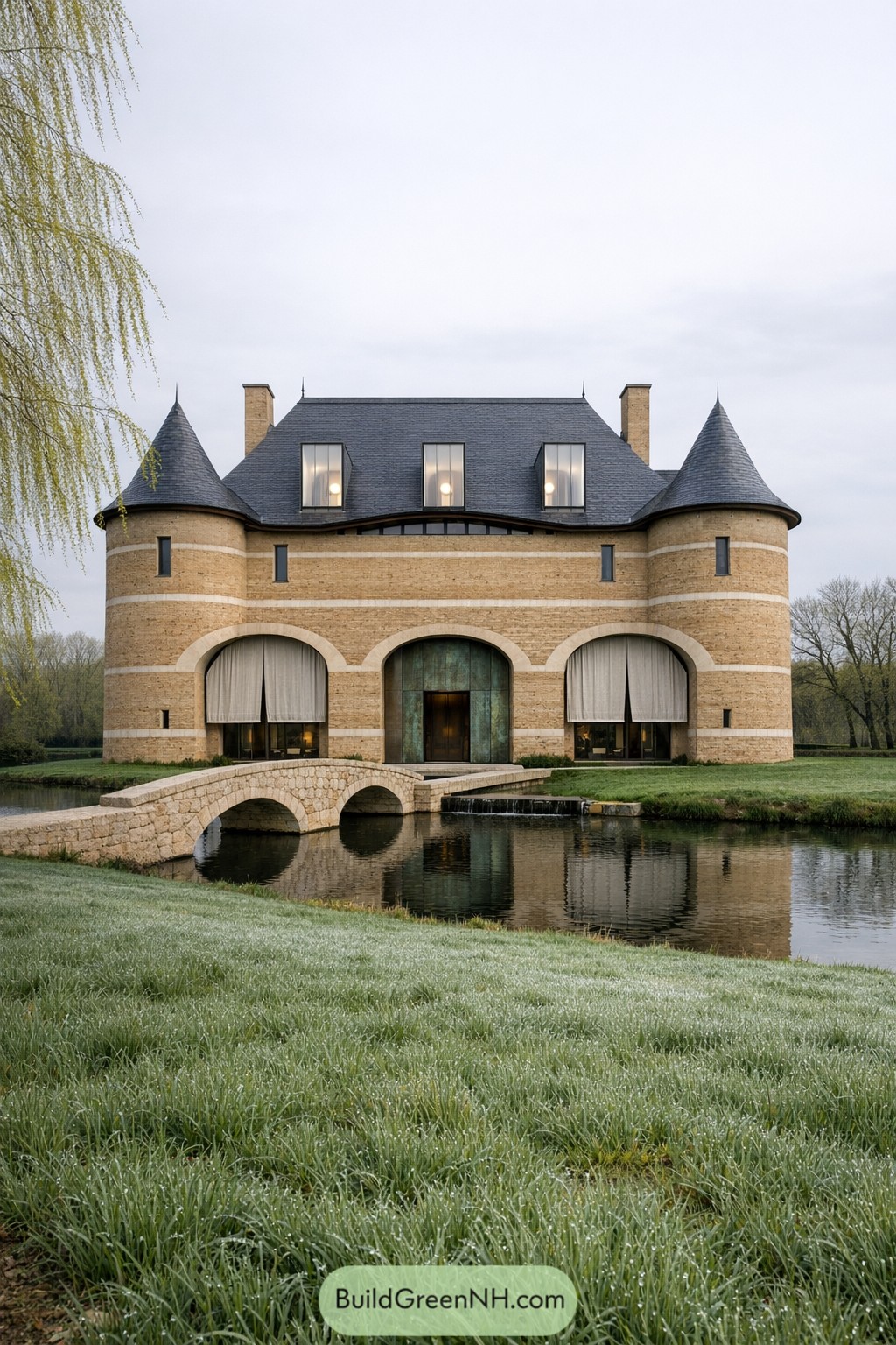 Modern stone chateau with arched bridge