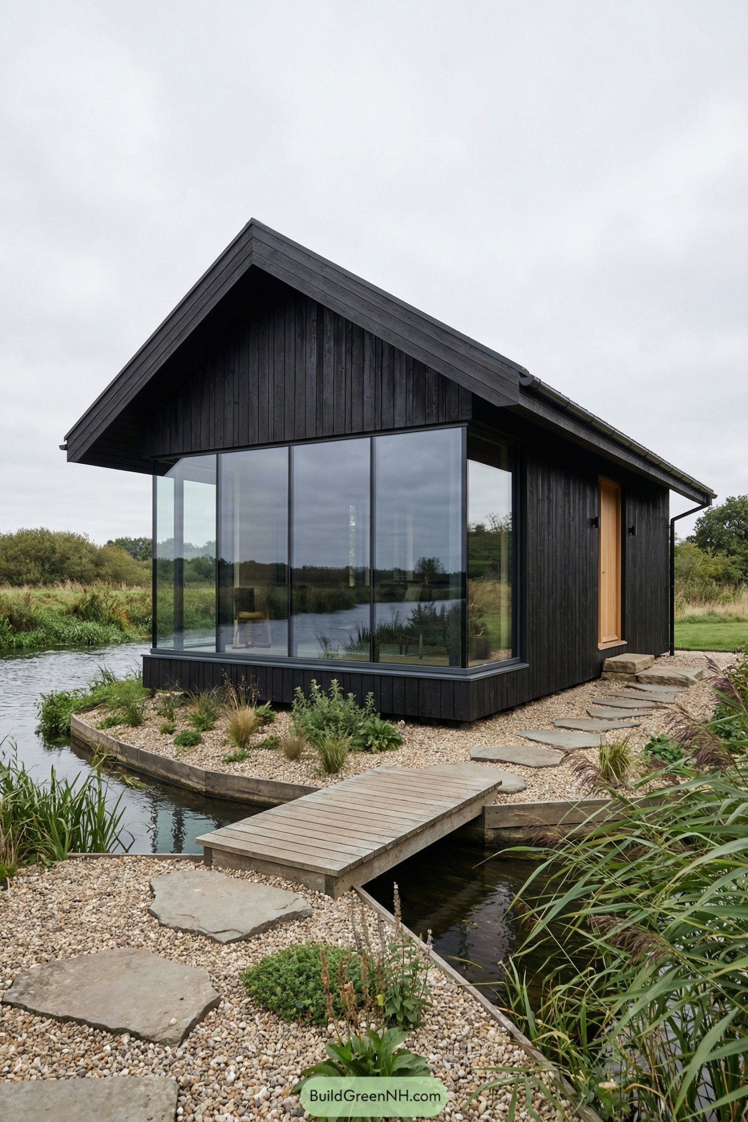 A full-frame, fully visible modern timber micro-cabin beside a winding river, simple gable volume with deep eaves, clad in blackened shou sugi ban wood; the river-facing facade is a continuous glass curtain wall with ultra-thin frames, paired with a contrasting natural oak entry door on the side; stepping stones cross a shallow gravel garden to a small bridge-like deck; late summer overcast with soft, even light, river reeds swaying slightly, reflections of dark facade and sky in the glazing. single real-life photo, high-resolution, full-frame, 28mm, f/8, ISO 100, ultra high detail, editorial architecture photography, cinematic composition, no people, no animals, no text, soft lighting, strictly no collages