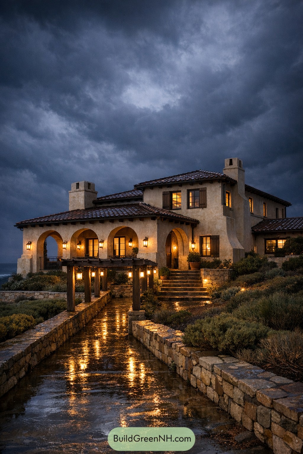 Mediterranean villa with glowing walkway lights on a rainy night