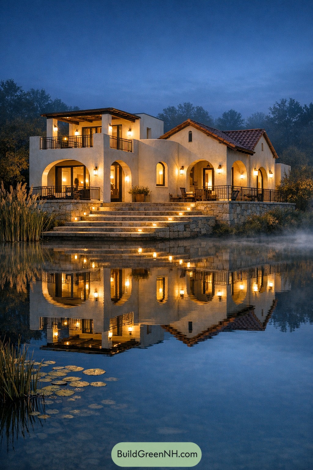 Mediterranean villa glowing at night beside a still lake
