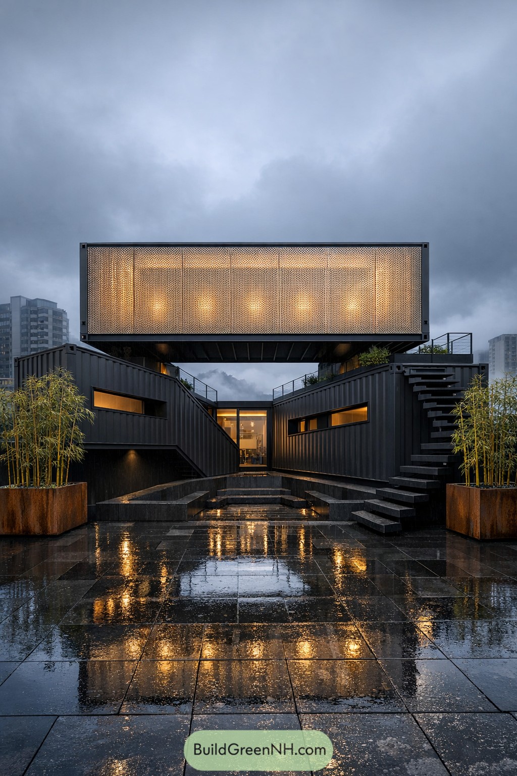 Modern container house with elevated glowing upper volume and reflective courtyard
