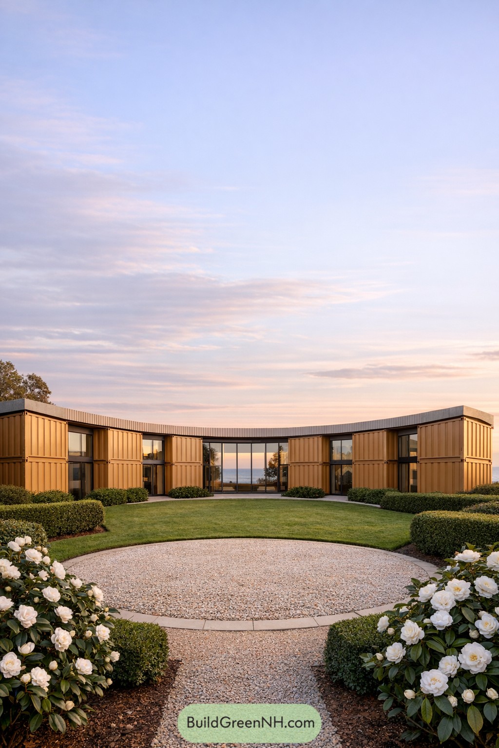 Curved container house forming a landscaped courtyard with central gravel circle and ocean view beyond
