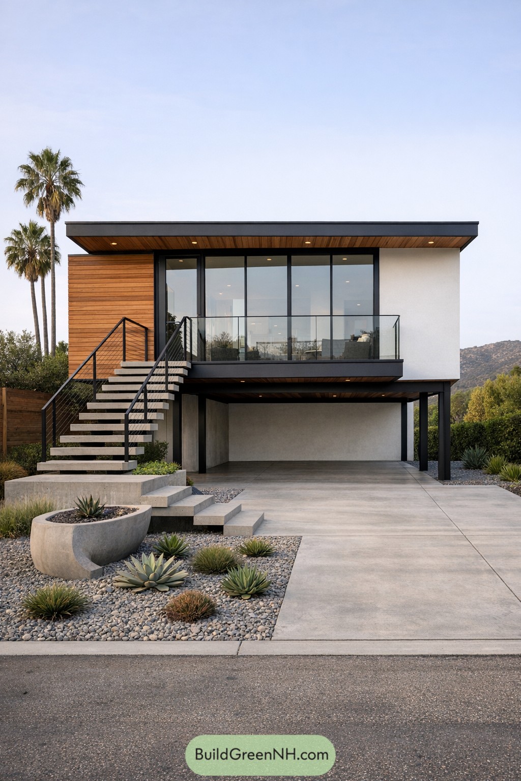 Modern two story house with cedar siding upper level, large glass windows, and an open carport beneath