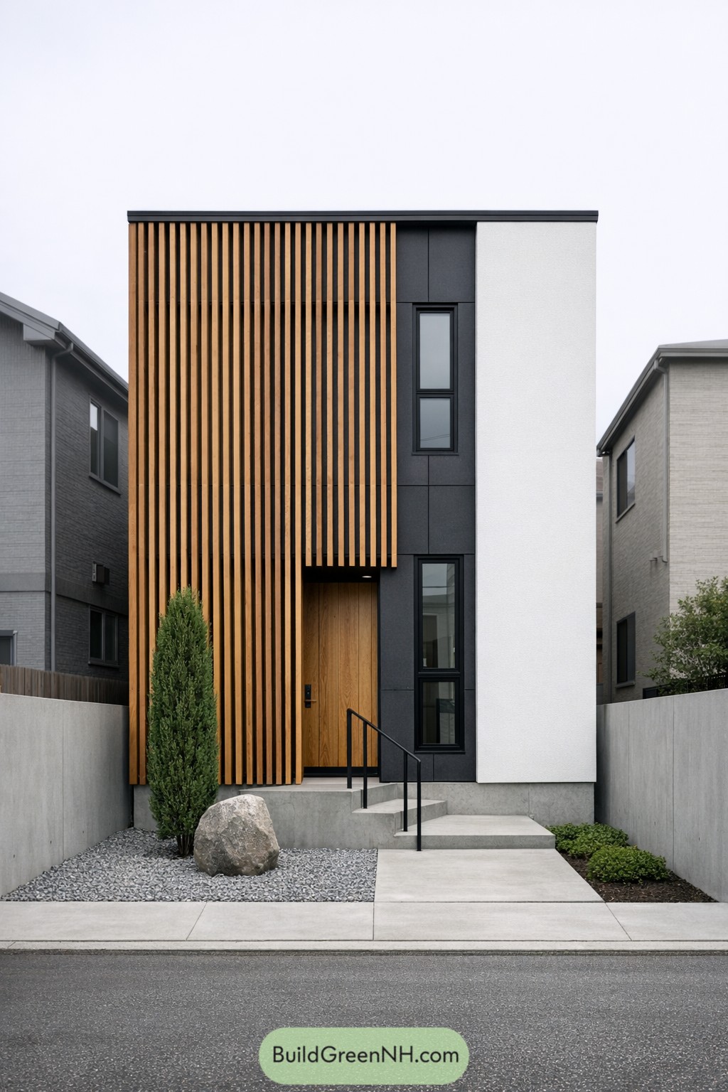 Narrow modern house with vertical wood slats and minimalist front yard