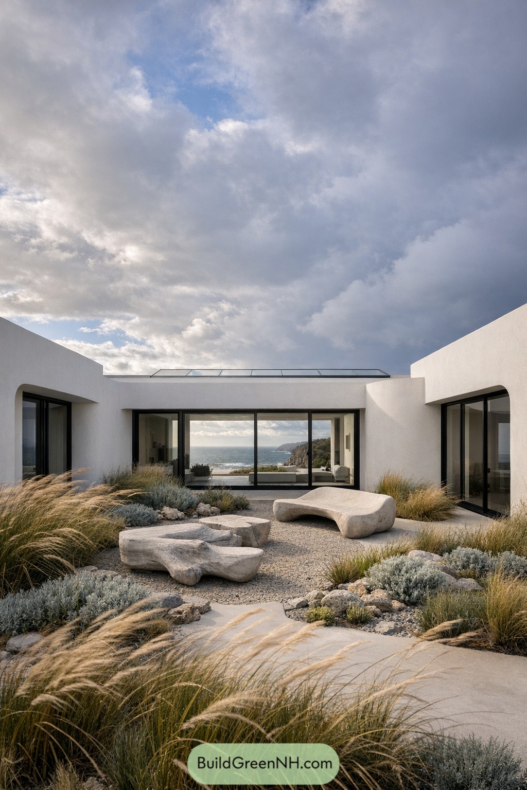 Minimalist coastal courtyard with white modern walls native grasses and organic stone seating facing the sea
