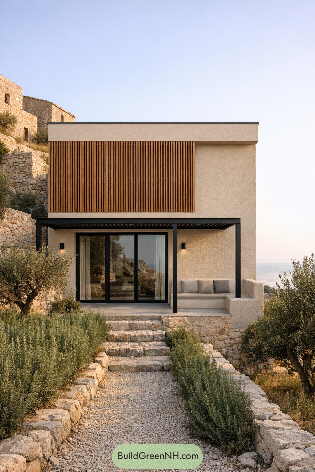 Compact hillside house with vertical wood screen and shaded patio facing the sea