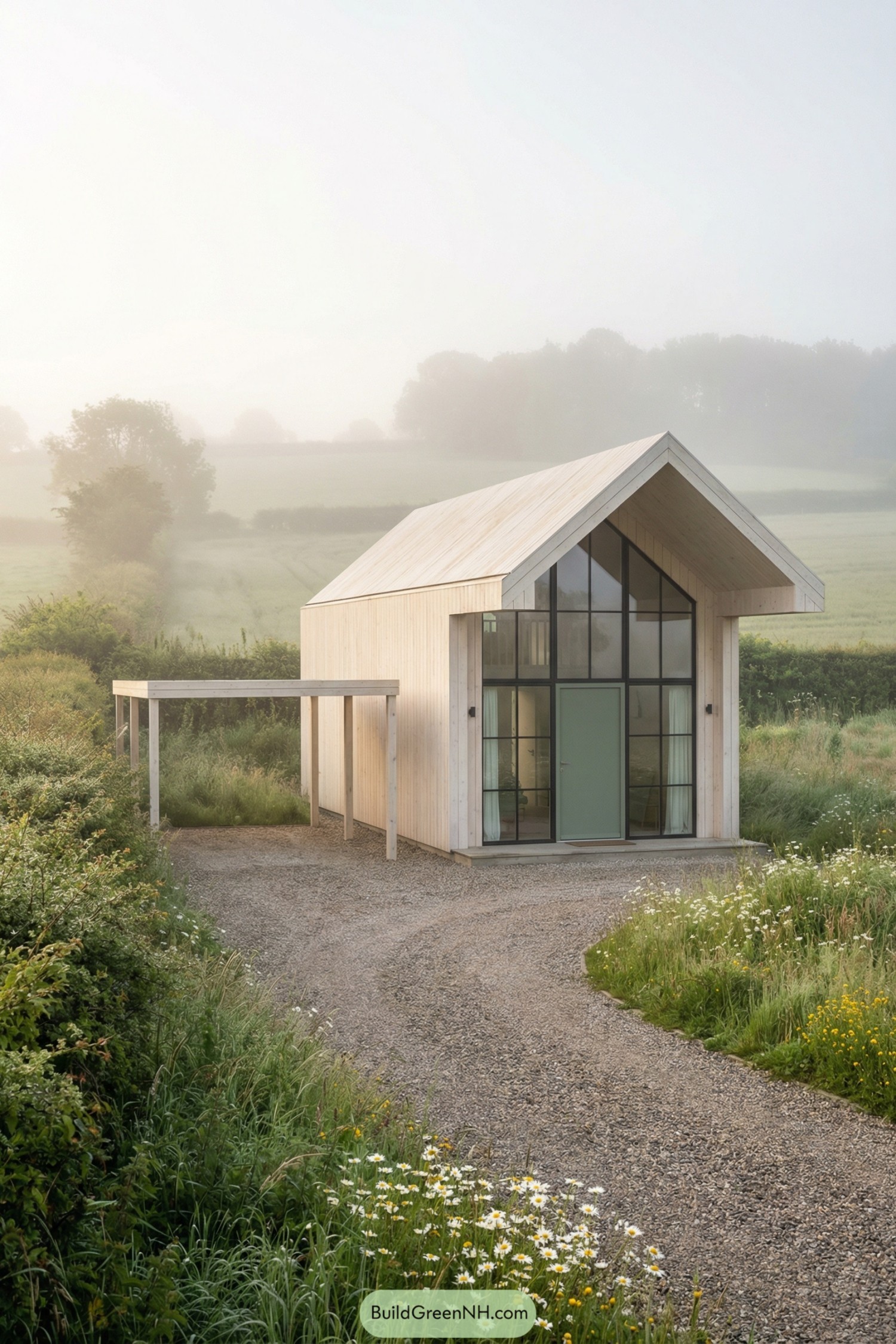 Compact timber cabin with tall glass front in misty countryside
