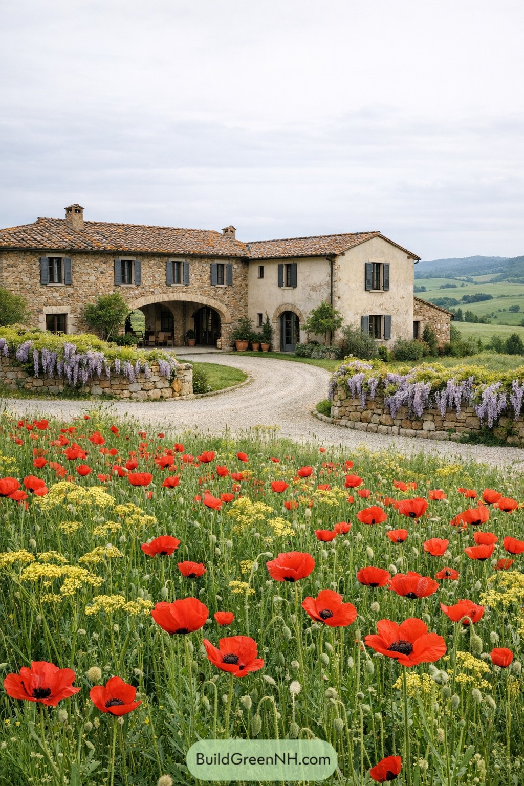 Stone farmhouse with arched loggia and poppy-filled front meadow