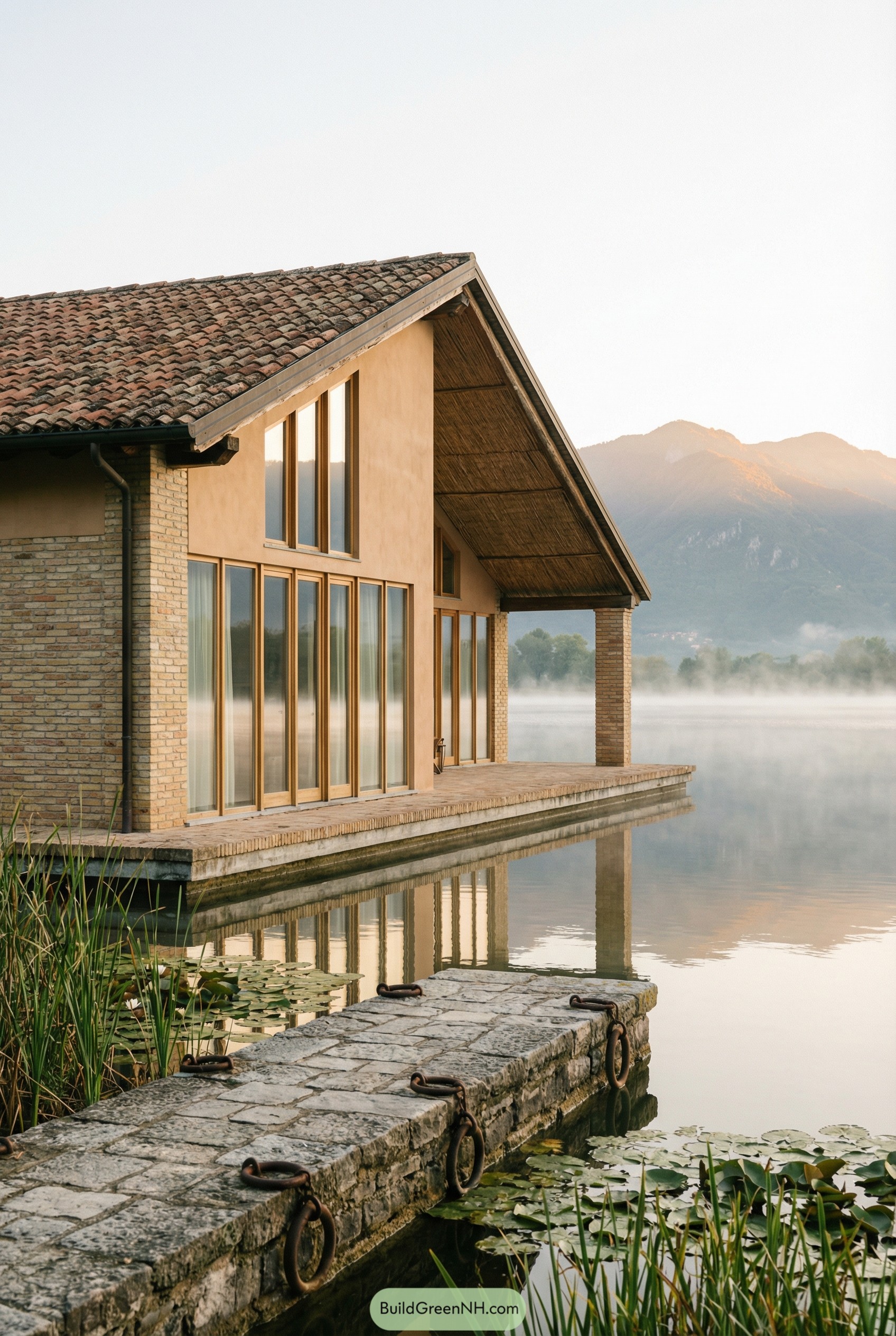 Lakeside villa with tall windows over calm water