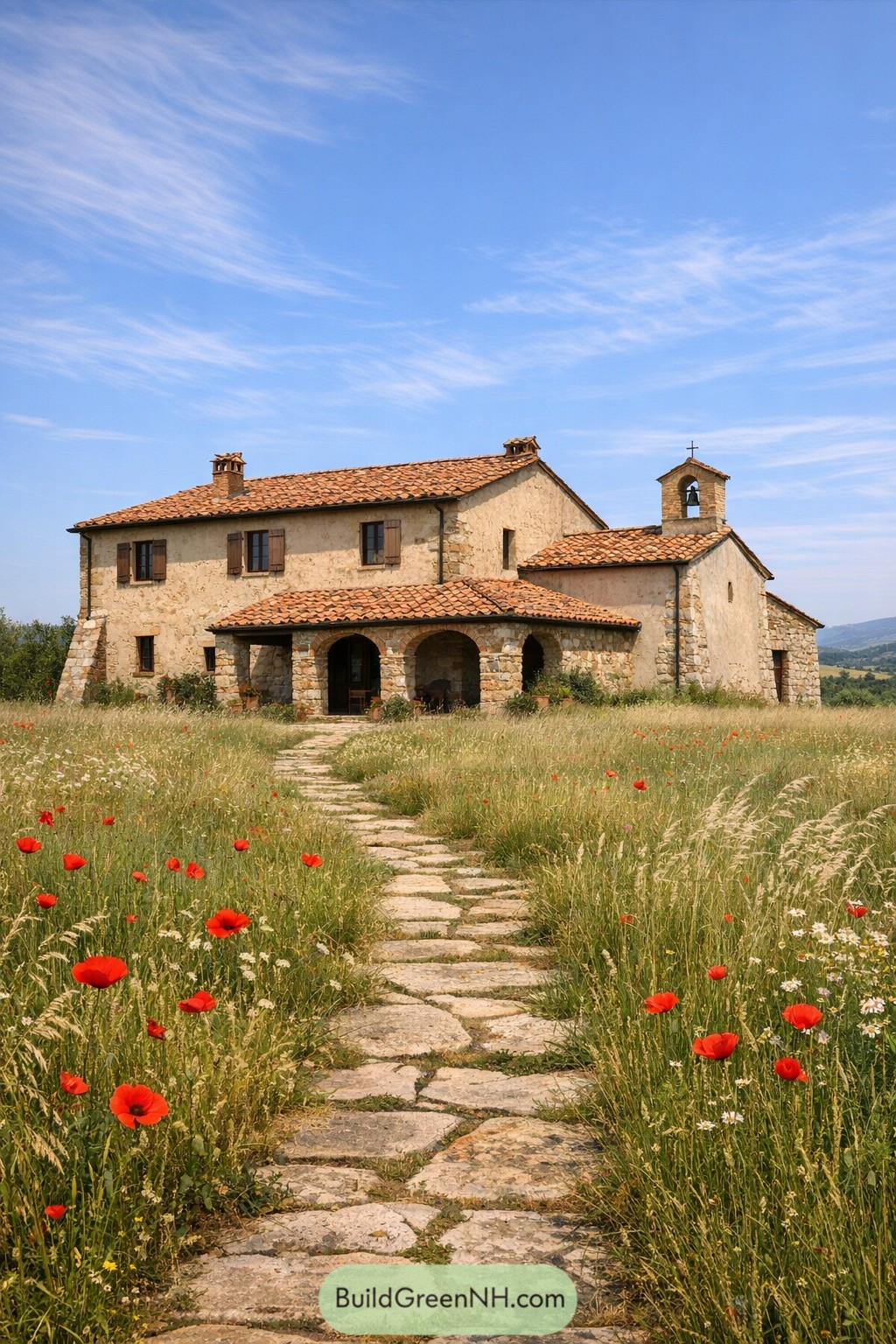 Stone farmhouse with tiled roof along wildflower path in open Tuscan meadow