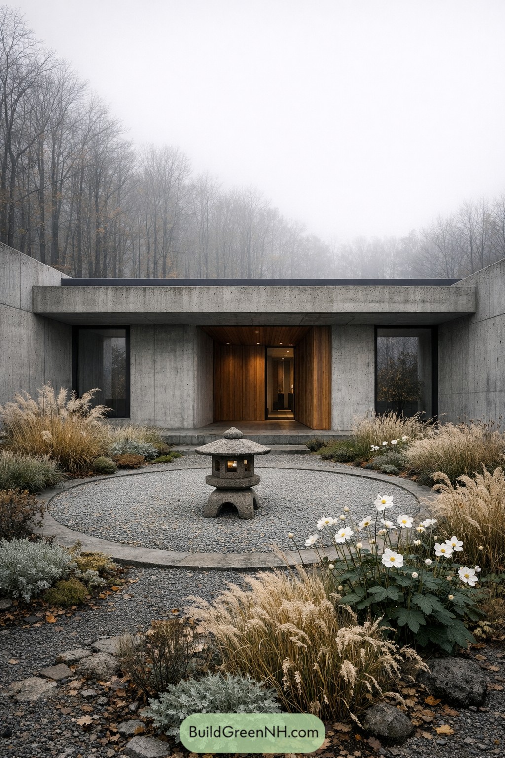 Concrete courtyard with circular gravel garden and central stone lantern