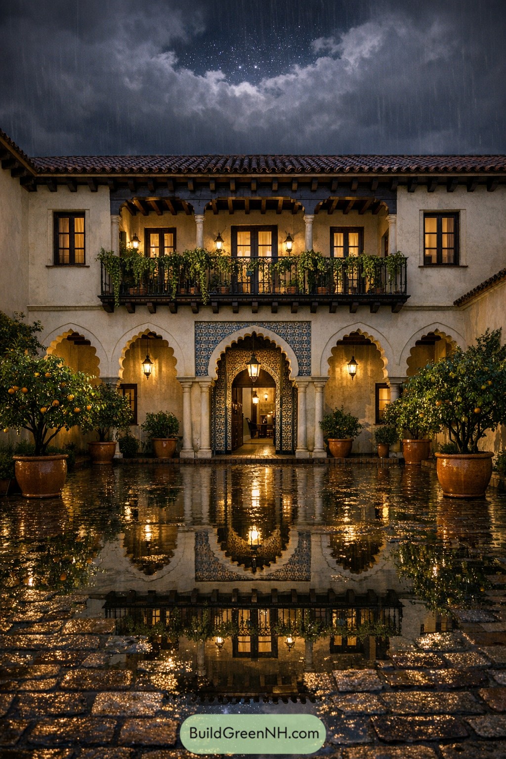 Mediterranean villa courtyard glowing on a wet night