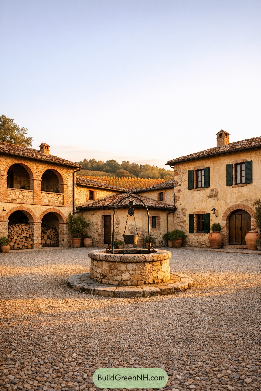 Stone Tuscan farmhouse courtyard with central well