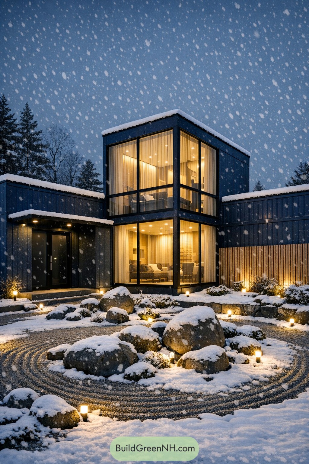 Modern container home with glowing glass atrium in snowy courtyard