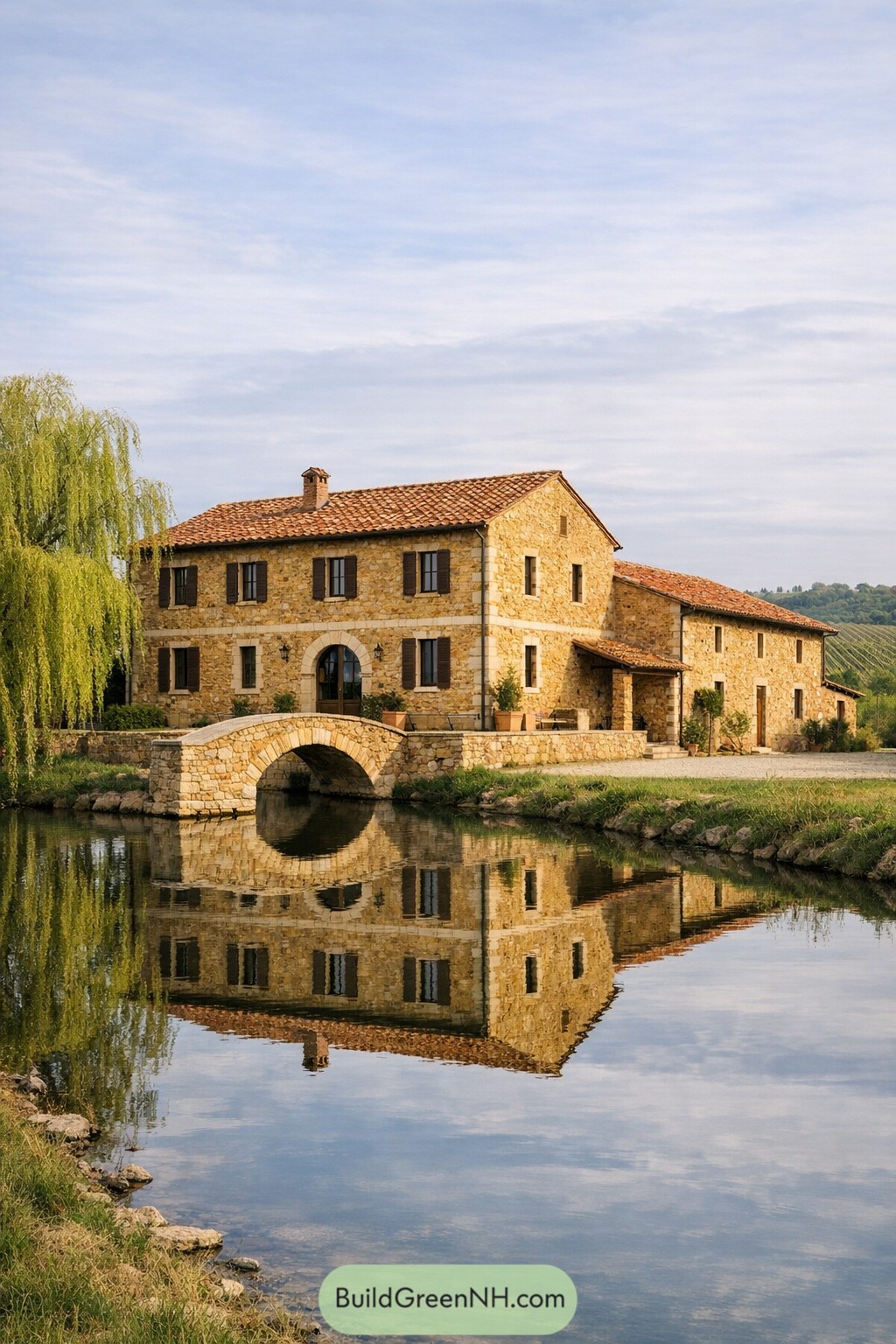 Stone farmhouse with arched bridge over a calm pond reflecting the entire building
