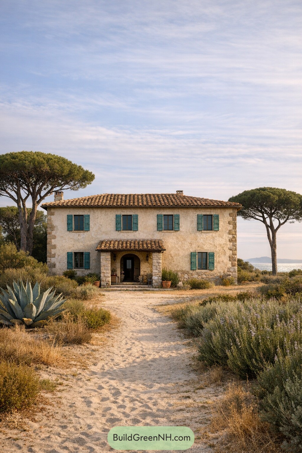 Rustic two story stone farmhouse with teal shutters facing a sandy path and coastal landscape