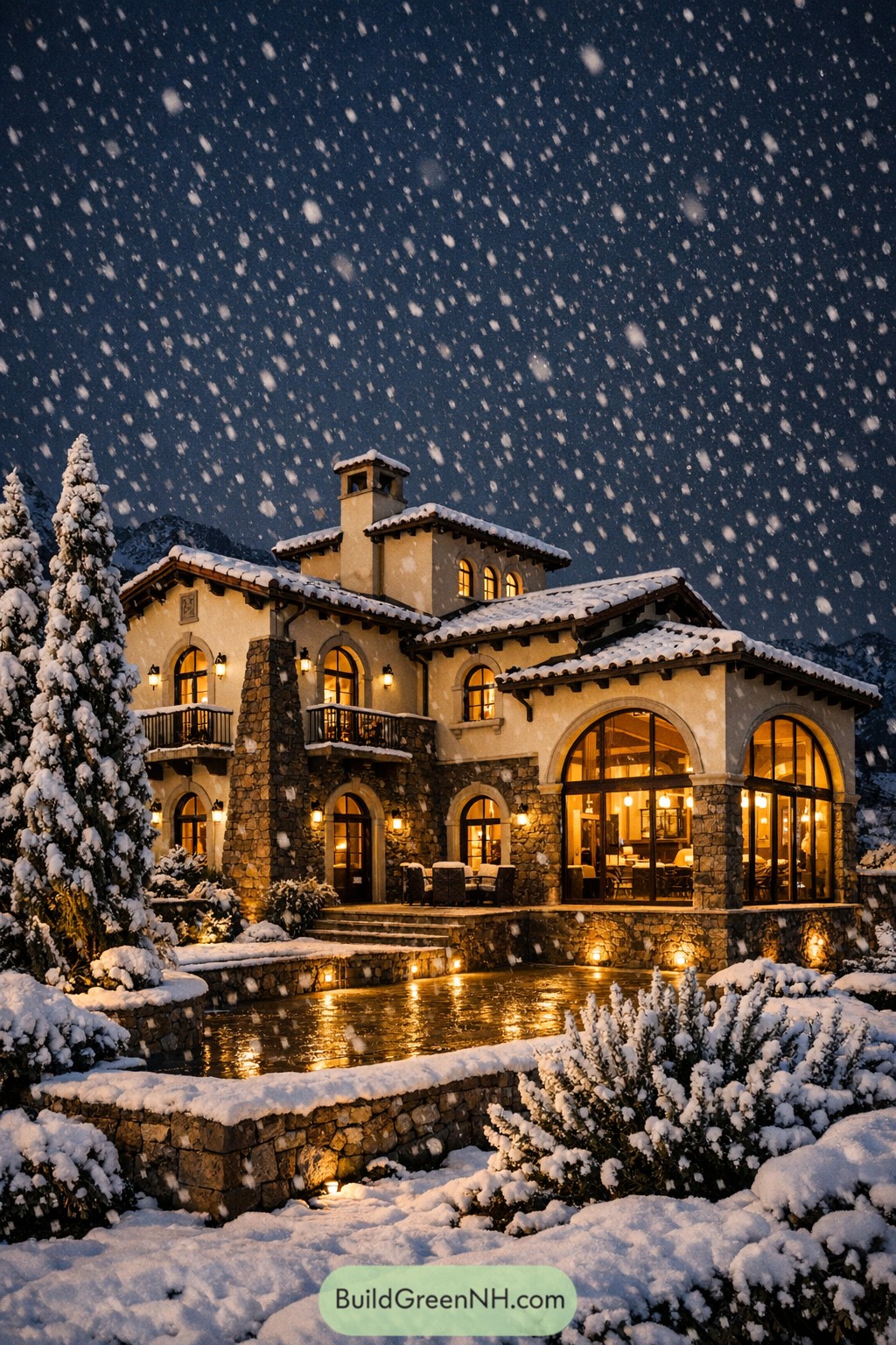 Mediterranean villa glowing at night amid heavy snowfall