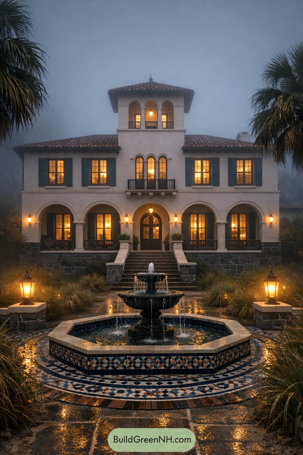 Mediterranean villa at night with glowing windows and central tiled fountain in misty garden
