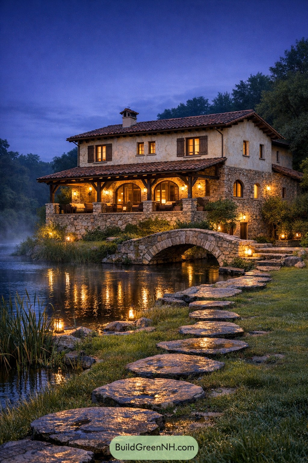Stone Mediterranean house at night beside a pond with arched bridge and glowing lanterns along a stepping stone path
