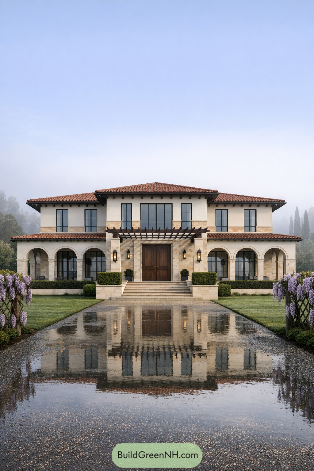 Mediterranean style villa with arches and red tile roof reflected in a wet driveway