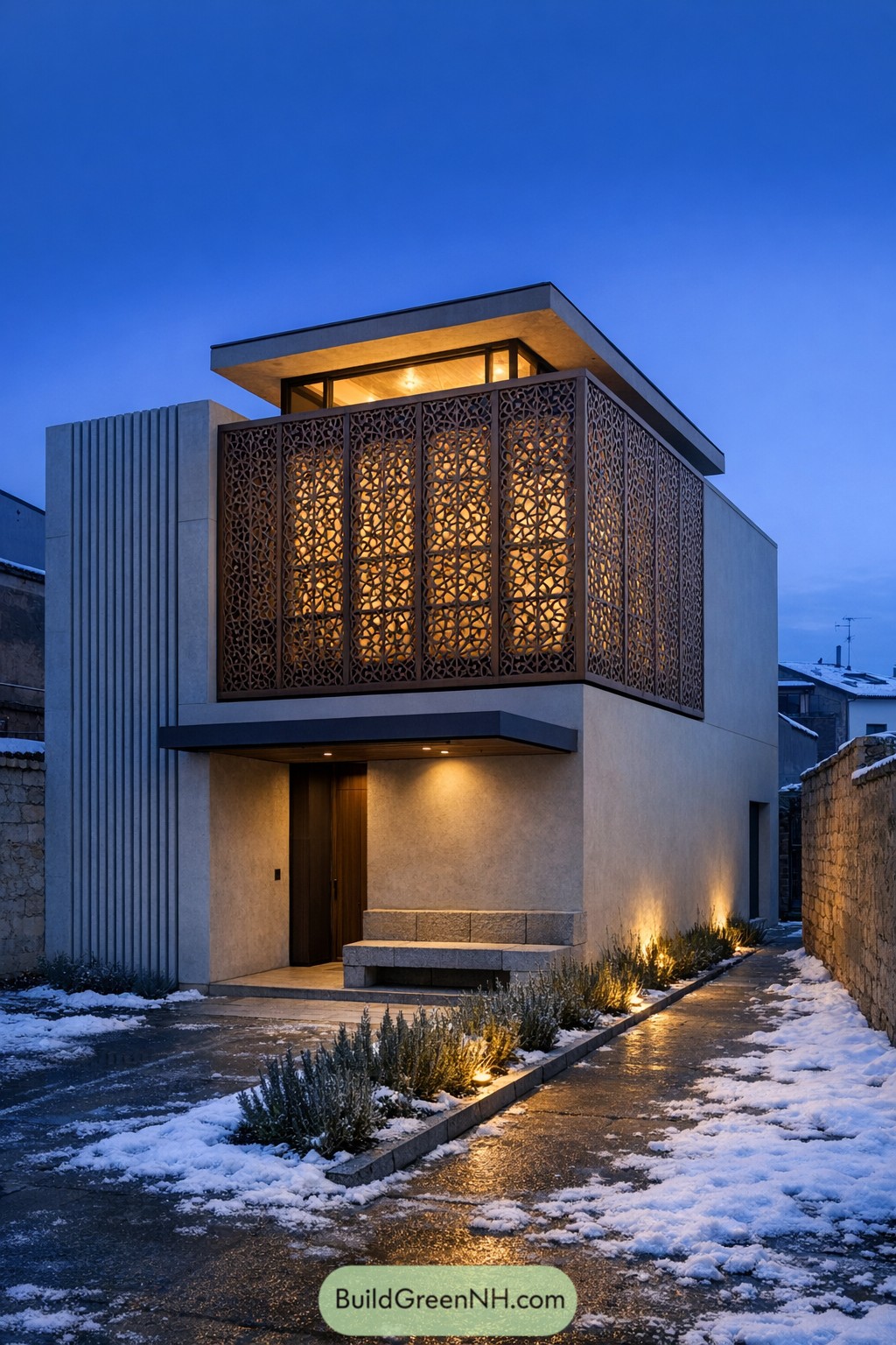 Modern two story house with glowing patterned wooden screens and minimalist stone facade on a snowy evening