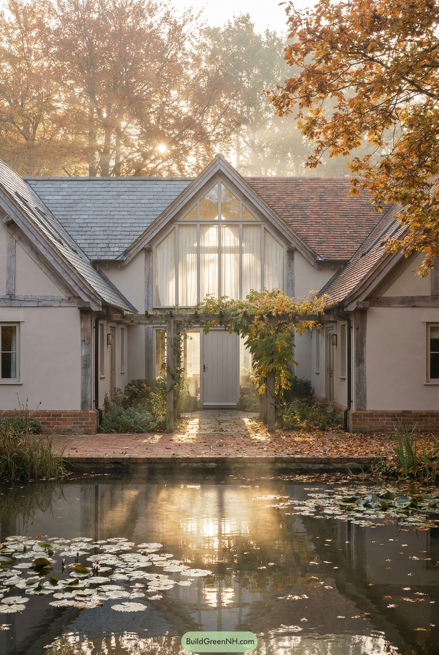 A full view of the chic country house from across a narrow lily pond: a U-shaped facade in pale mushroom stucco with exposed reclaimed oak beams, a mixed slate-and-clay roof, and a central glazed gable that reveals sheer curtains; the environment is peak autumn with copper maples, fallen leaves on a brick terrace, a vine-draped pergola walkway to the front door, and crisp morning sun cutting through light haze, creating shimmering reflections in the water. single real-life photo taken on the spot, full-frame, 28mm, f/8, ISO 100, editorial architecture photography, no people, no animals, no text, strictly no collages