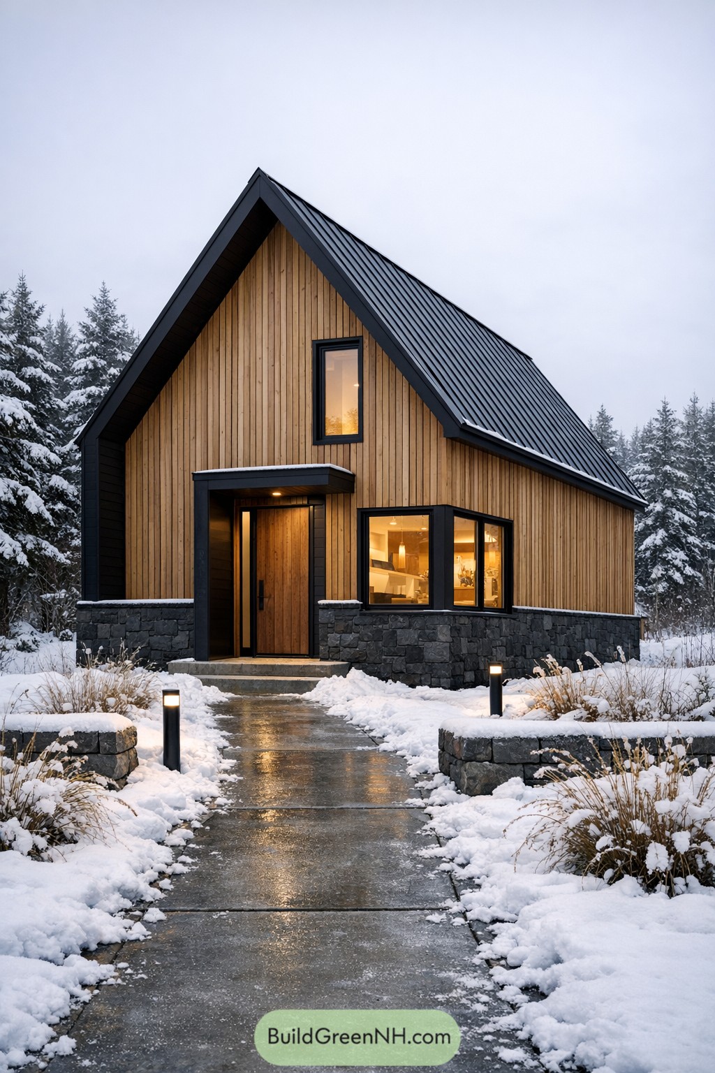 Modern wood cabin with steep black roof and stone base in snowy landscape