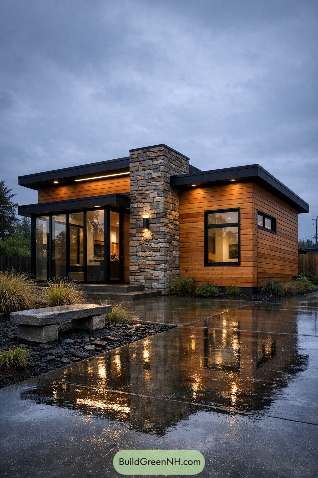 A fully framed modern compact house in a rain-soaked urban-fringe lot, two interlocking volumes with a low-slope roof and black fascia; facade features warm cedar rainscreen cladding and a prominent stacked-stone column marking the entry, with black-framed corner glazing and a slim skylight strip visible under the eave; a wet concrete driveway reflects the building, and a small front garden uses ornamental grasses, slate mulch, and a stone bench; moody overcast sky, subtle puddles, and soft ambient light create an editorial architectural feel; single real-life photo, high-resolution, full-frame, 28mm, f/8, ISO 100, ultra high detail, editorial architecture photography, cinematic composition, no people, no animals, no text, soft lighting, strictly no collages.