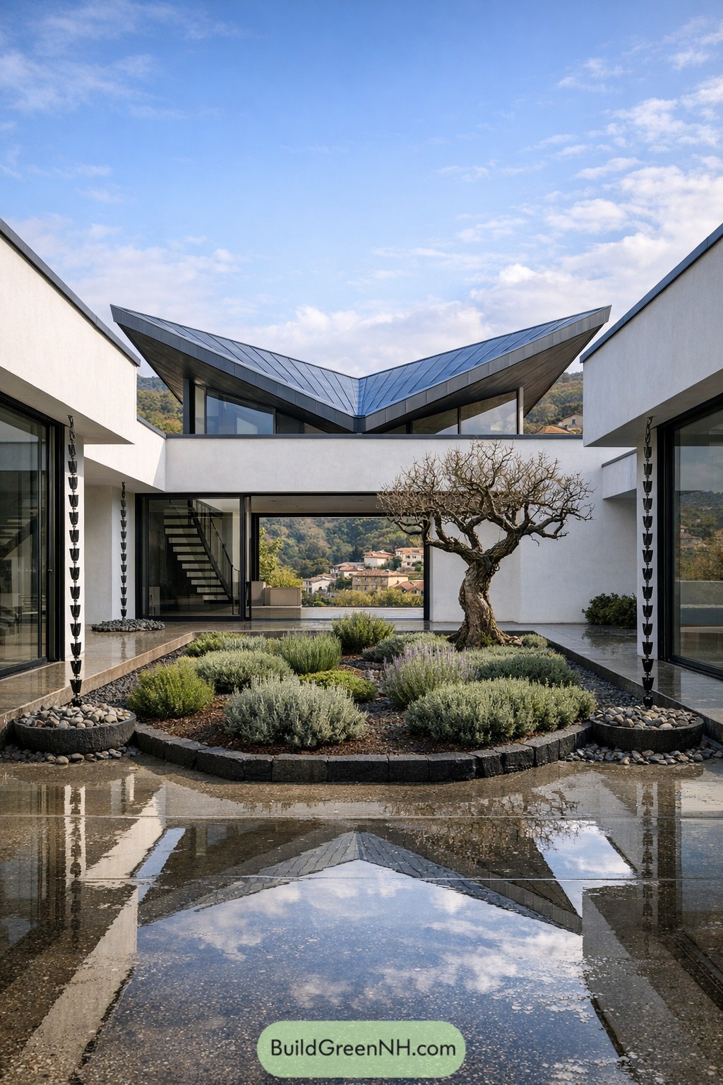 Modern courtyard with sculptural tree garden and reflective water