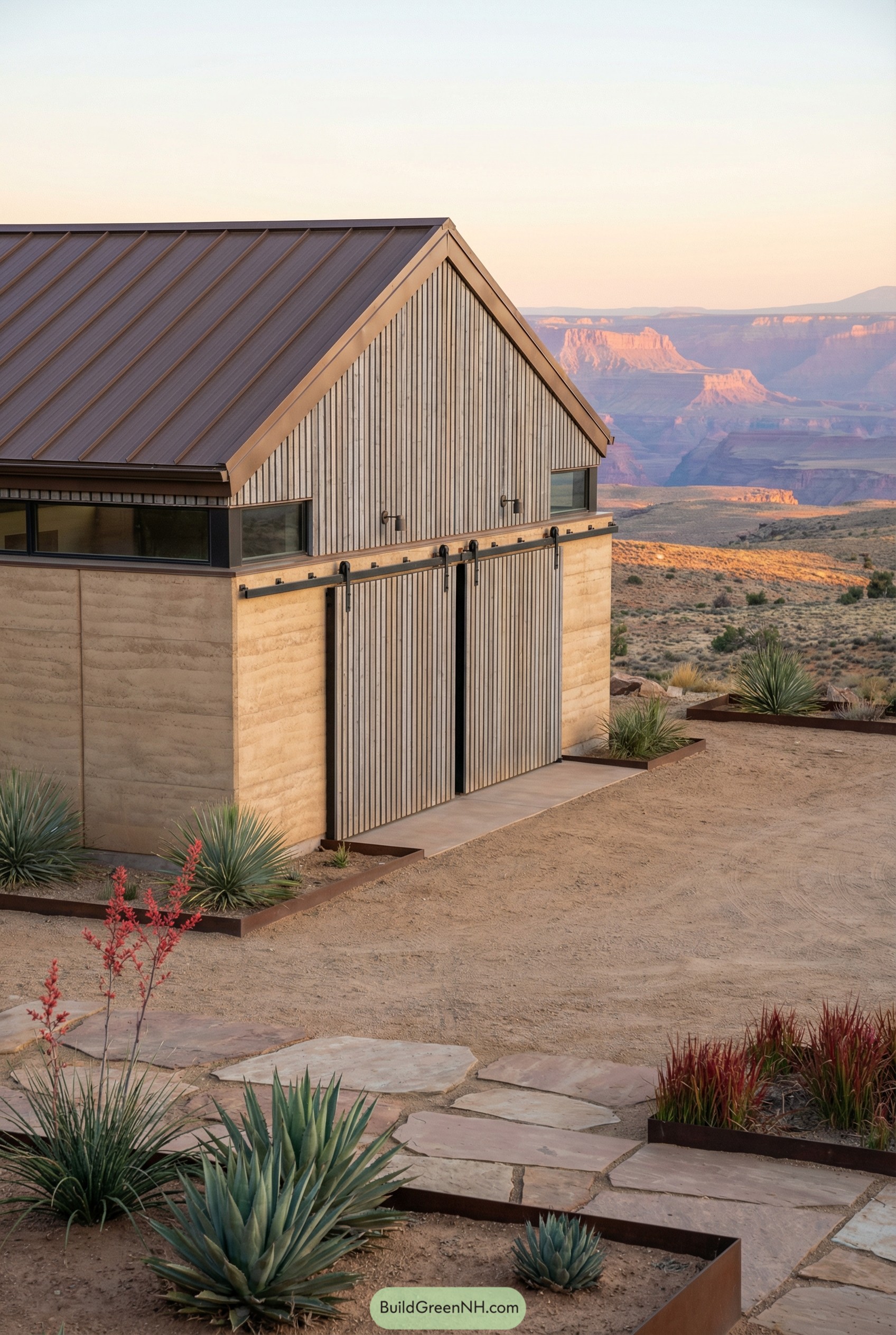 Modern barn style garage with vertical wood siding and metal roof in a desert landscape