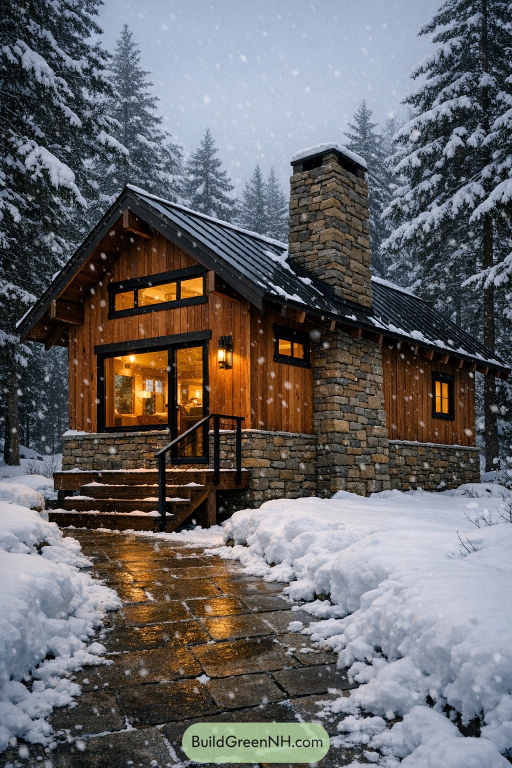 Cozy wood and stone cabin in snowy forest with glowing windows and tall chimney