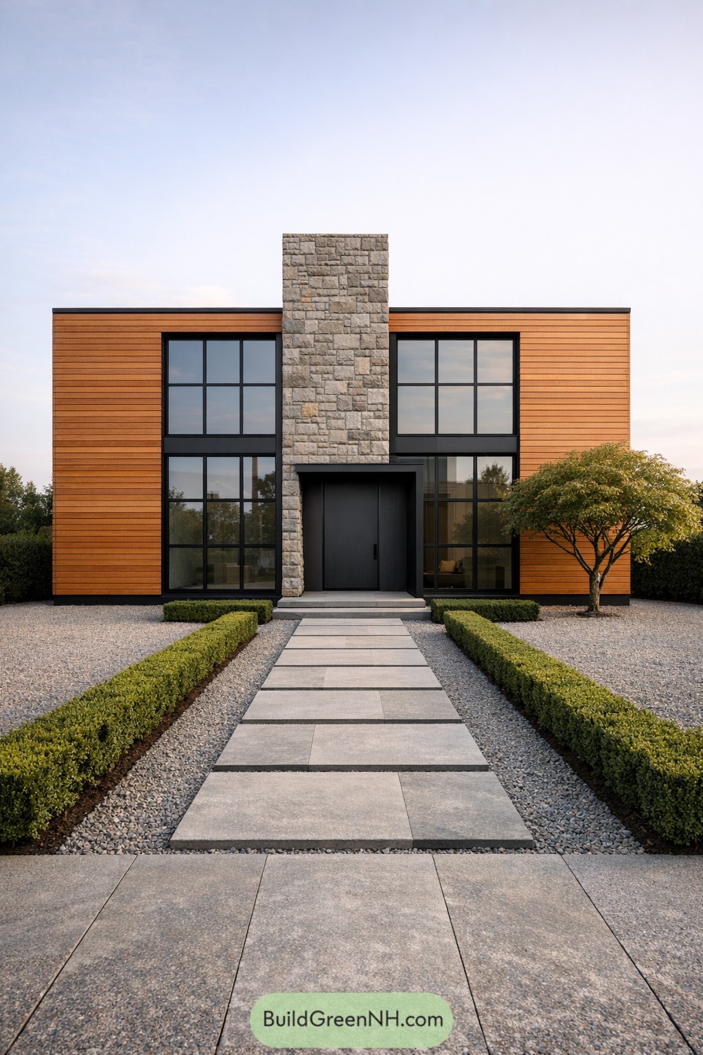Modern small house with central stone tower, cedar siding, and large black framed windows along a minimalist garden path