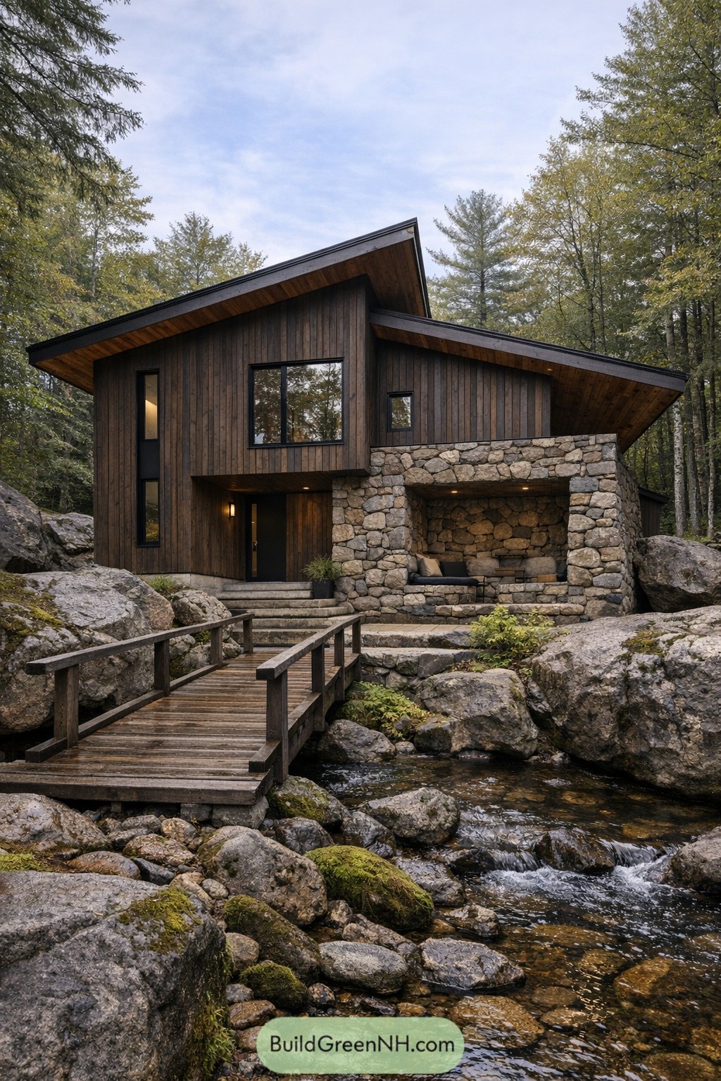 Modern wood cabin with stone alcove beside rocky stream